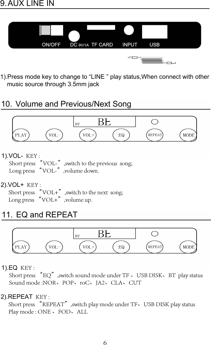 6AUX LINE IN9.1).Press mode key to change to “LINE ” play status,When connect with other     music source through 3.5mm jack Volume and Previous/Next Song10.1).VOL-  KEY :      Short press “VOL-”,switch to the previous  song;      Long press “VOL-”,volume down.      2).VOL+  KEY :      Short press “VOL+”,switch to the next  song;      Long press “VOL+”,volume up.       EQ and REPEAT11.1).EQ  KEY :      Short press “EQ”,switch sound mode under TF 、USB DISK、BT  play status       Sound mode :NOR、POP、roC、JA2、CLA、CUT      2).REPEAT  KEY :      Short press “REPEAT”,switch play mode under TF、USB DISK play status      Play mode : ONE 、FOD、ALL