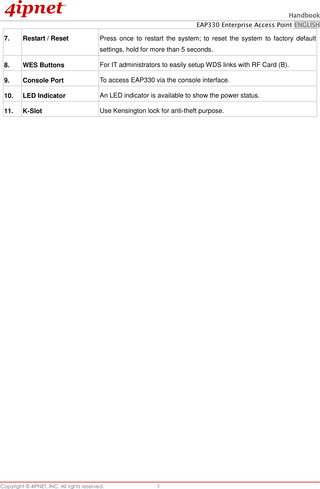  Handbook EAP330 Enterprise Access Point ENGLISH Copyright ©  4IPNET, INC. All rights reserved.   3   7.   Restart / Reset   Press once  to restart the  system; to  reset the  system  to factory default settings, hold for more than 5 seconds. 8.   WES Buttons For IT administrators to easily setup WDS links with RF Card (B). 9.   Console Port To access EAP330 via the console interface. 10.   LED Indicator An LED indicator is available to show the power status. 11.   K-Slot Use Kensington lock for anti-theft purpose. 