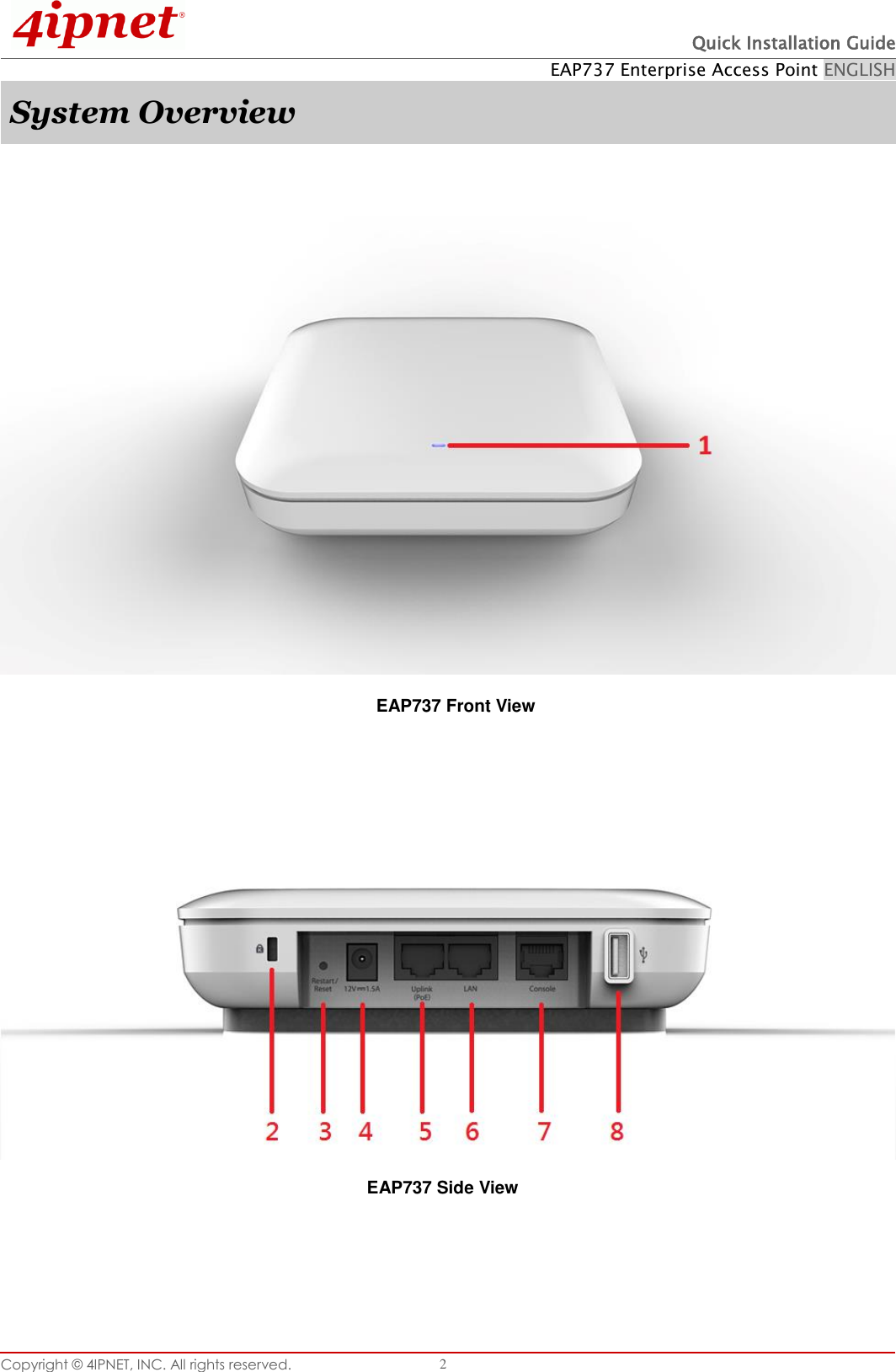  Quick Installation Guide EAP737 Enterprise Access Point ENGLISH Copyright ©  4IPNET, INC. All rights reserved.   2 System Overview        EAP737 Front View    EAP737 Side View    