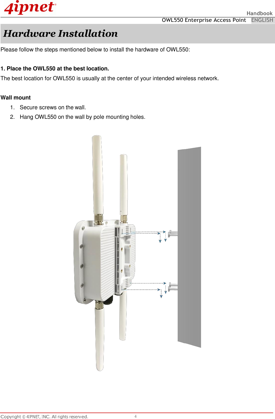 Copyright © 4IPNET, INC. All rights reserved. 4 Handbook   OWL550 Enterprise Access Point ENGLISH Hardware Installation Please follow the steps mentioned below to install the hardware of OWL550:  1. Place the OWL550 at the best location. The best location for OWL550 is usually at the center of your intended wireless network.  Wall mount 1.  Secure screws on the wall. 2.  Hang OWL550 on the wall by pole mounting holes.   