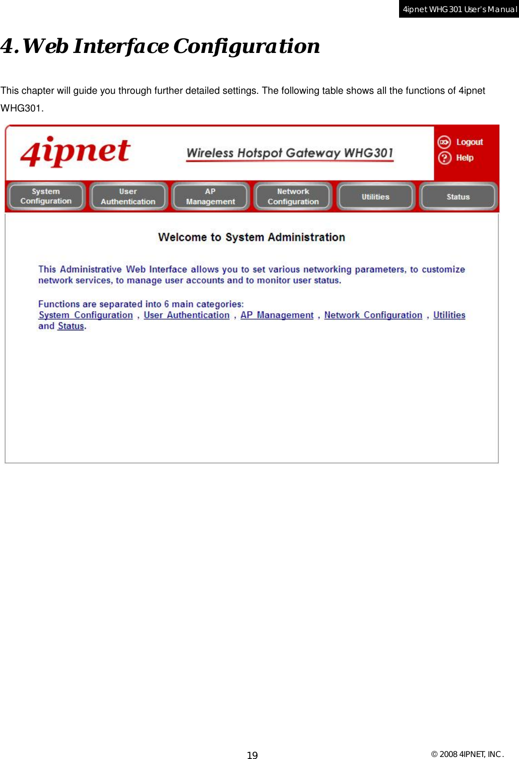  © 2008 4IPNET, INC. 19 4ipnet WHG301 User’s Manual  4. Web Interface Configuration This chapter will guide you through further detailed settings. The following table shows all the functions of 4ipnet WHG301.  