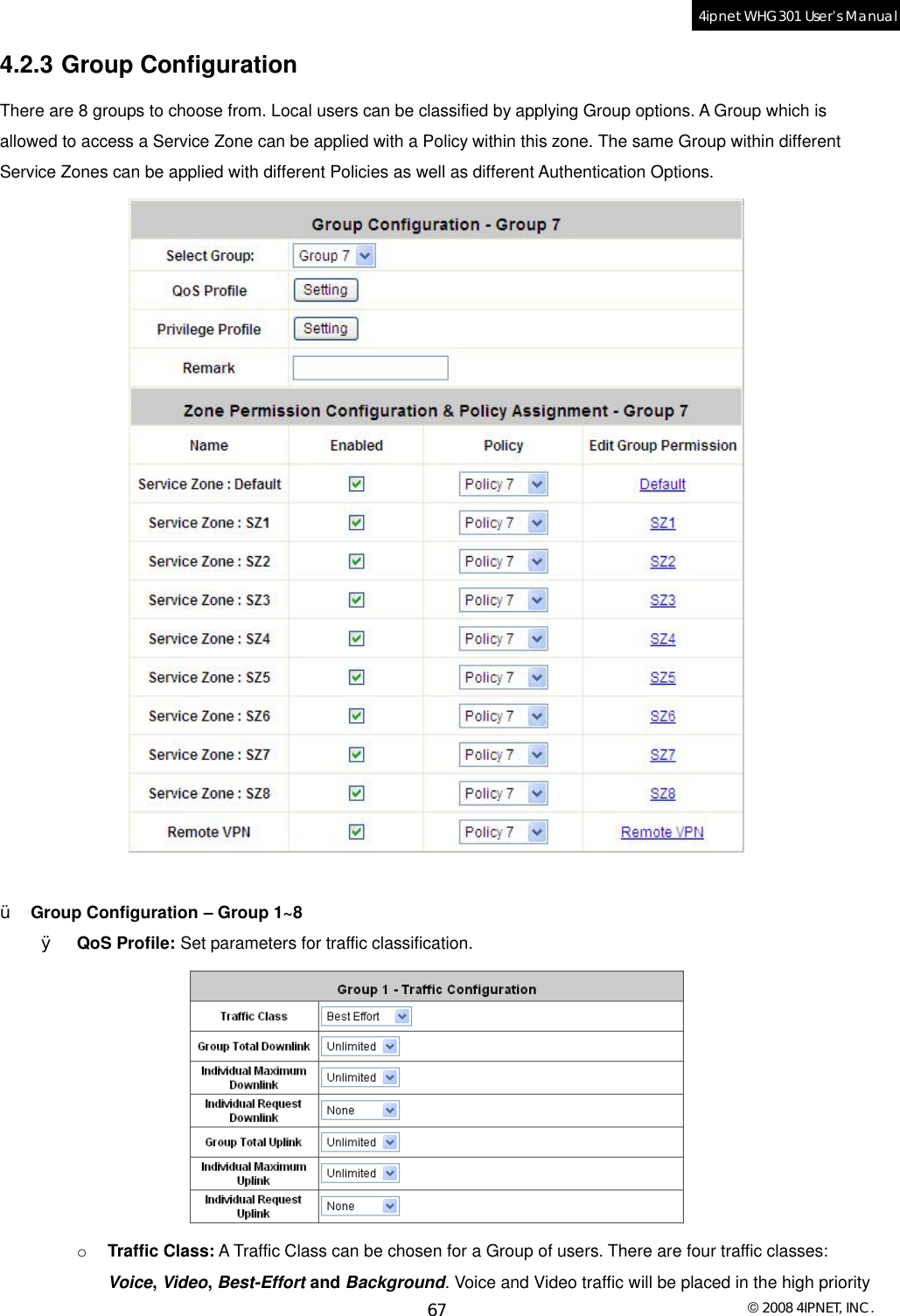  © 2008 4IPNET, INC. 67 4ipnet WHG301 User’s Manual  4.2.3 Group Configuration There are 8 groups to choose from. Local users can be classified by applying Group options. A Group which is allowed to access a Service Zone can be applied with a Policy within this zone. The same Group within different Service Zones can be applied with different Policies as well as different Authentication Options.    Ÿ  Group Configuration – Group 1~8 Ø  QoS Profile: Set parameters for traffic classification.   o  Traffic Class: A Traffic Class can be chosen for a Group of users. There are four traffic classes: Voice, Video, Best-Effort and Background. Voice and Video traffic will be placed in the high priority 