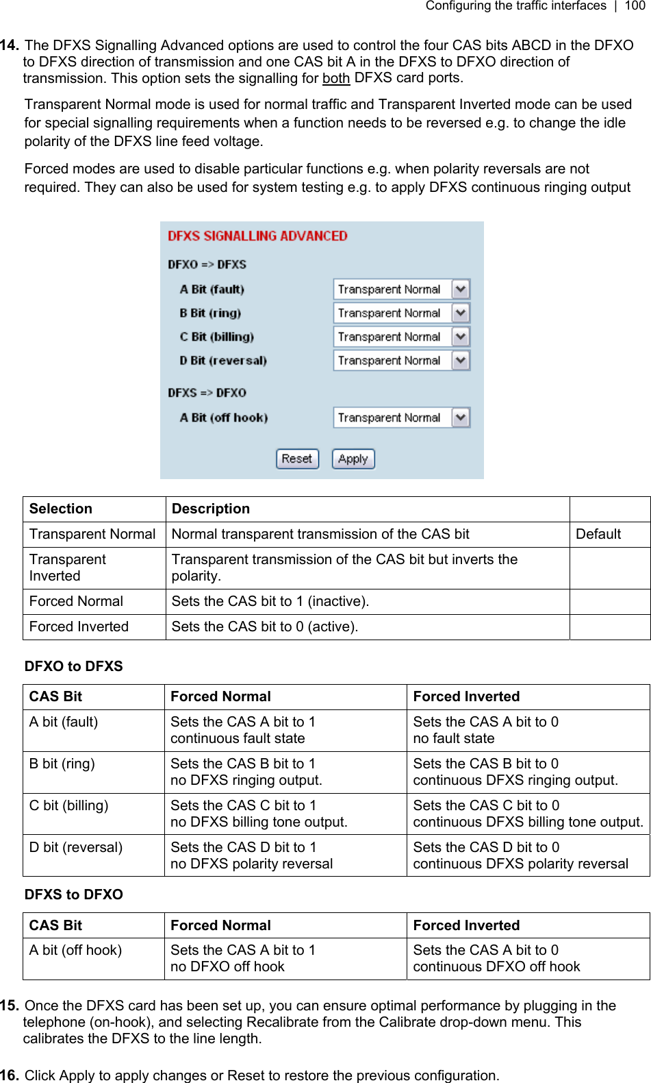 Configuring the traffic interfaces  |  100   14. The DFXS Signalling Advanced options are used to control the four CAS bits ABCD in the DFXO to DFXS direction of transmission and one CAS bit A in the DFXS to DFXO direction of transmission. This option sets the signalling for both DFXS card ports. Transparent Normal mode is used for normal traffic and Transparent Inverted mode can be used for special signalling requirements when a function needs to be reversed e.g. to change the idle polarity of the DFXS line feed voltage. Forced modes are used to disable particular functions e.g. when polarity reversals are not required. They can also be used for system testing e.g. to apply DFXS continuous ringing output    Selection Description   Transparent Normal  Normal transparent transmission of the CAS bit   Default Transparent Inverted Transparent transmission of the CAS bit but inverts the polarity.  Forced Normal  Sets the CAS bit to 1 (inactive).   Forced Inverted  Sets the CAS bit to 0 (active).    DFXO to DFXS CAS Bit  Forced Normal  Forced Inverted A bit (fault)  Sets the CAS A bit to 1 continuous fault state Sets the CAS A bit to 0 no fault state B bit (ring)  Sets the CAS B bit to 1 no DFXS ringing output. Sets the CAS B bit to 0 continuous DFXS ringing output. C bit (billing)  Sets the CAS C bit to 1 no DFXS billing tone output. Sets the CAS C bit to 0 continuous DFXS billing tone output.D bit (reversal)  Sets the CAS D bit to 1 no DFXS polarity reversal Sets the CAS D bit to 0 continuous DFXS polarity reversal DFXS to DFXO CAS Bit  Forced Normal  Forced Inverted A bit (off hook)  Sets the CAS A bit to 1 no DFXO off hook Sets the CAS A bit to 0 continuous DFXO off hook  15. Once the DFXS card has been set up, you can ensure optimal performance by plugging in the telephone (on-hook), and selecting Recalibrate from the Calibrate drop-down menu. This calibrates the DFXS to the line length.  16. Click Apply to apply changes or Reset to restore the previous configuration.  