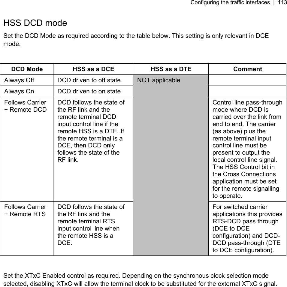 Configuring the traffic interfaces  |  113   HSS DCD mode Set the DCD Mode as required according to the table below. This setting is only relevant in DCE mode.  DCD Mode  HSS as a DCE  HSS as a DTE  Comment Always Off  DCD driven to off state   Always On  DCD driven to on state   Follows Carrier + Remote DCD DCD follows the state of the RF link and the remote terminal DCD input control line if the remote HSS is a DTE. If the remote terminal is a DCE, then DCD only follows the state of the RF link. Control line pass-through mode where DCD is carried over the link from end to end. The carrier (as above) plus the remote terminal input control line must be present to output the local control line signal. The HSS Control bit in the Cross Connections application must be set for the remote signalling to operate. Follows Carrier + Remote RTS  DCD follows the state of the RF link and the remote terminal RTS input control line when the remote HSS is a DCE. NOT applicable For switched carrier applications this provides RTS-DCD pass through (DCE to DCE configuration) and DCD-DCD pass-through (DTE to DCE configuration).  Set the XTxC Enabled control as required. Depending on the synchronous clock selection mode selected, disabling XTxC will allow the terminal clock to be substituted for the external XTxC signal. 