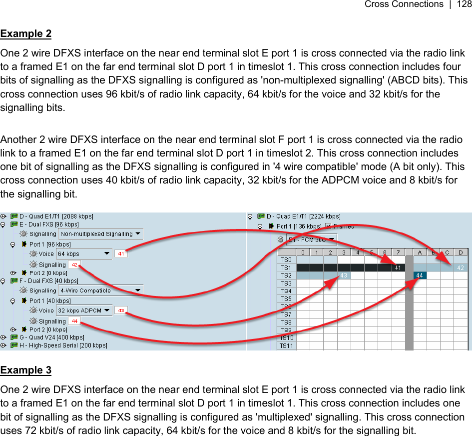 Cross Connections  |  128   Example 2 One 2 wire DFXS interface on the near end terminal slot E port 1 is cross connected via the radio link to a framed E1 on the far end terminal slot D port 1 in timeslot 1. This cross connection includes four bits of signalling as the DFXS signalling is configured as &apos;non-multiplexed signalling&apos; (ABCD bits). This cross connection uses 96 kbit/s of radio link capacity, 64 kbit/s for the voice and 32 kbit/s for the signalling bits.  Another 2 wire DFXS interface on the near end terminal slot F port 1 is cross connected via the radio link to a framed E1 on the far end terminal slot D port 1 in timeslot 2. This cross connection includes one bit of signalling as the DFXS signalling is configured in &apos;4 wire compatible&apos; mode (A bit only). This cross connection uses 40 kbit/s of radio link capacity, 32 kbit/s for the ADPCM voice and 8 kbit/s for the signalling bit.    Example 3 One 2 wire DFXS interface on the near end terminal slot E port 1 is cross connected via the radio link to a framed E1 on the far end terminal slot D port 1 in timeslot 1. This cross connection includes one bit of signalling as the DFXS signalling is configured as &apos;multiplexed&apos; signalling. This cross connection uses 72 kbit/s of radio link capacity, 64 kbit/s for the voice and 8 kbit/s for the signalling bit.    