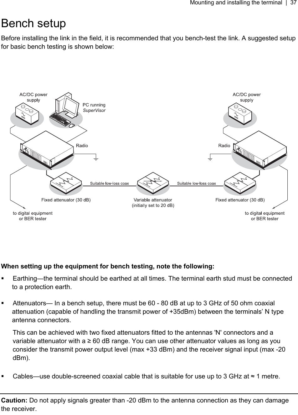 Mounting and installing the terminal  |  37   Bench setup Before installing the link in the field, it is recommended that you bench-test the link. A suggested setup for basic bench testing is shown below:        When setting up the equipment for bench testing, note the following:   Earthing—the terminal should be earthed at all times. The terminal earth stud must be connected to a protection earth.    Attenuators— In a bench setup, there must be 60 - 80 dB at up to 3 GHz of 50 ohm coaxial attenuation (capable of handling the transmit power of +35dBm) between the terminals’ N type antenna connectors. This can be achieved with two fixed attenuators fitted to the antennas &apos;N&apos; connectors and a variable attenuator with a  60 dB range. You can use other attenuator values as long as you consider the transmit power output level (max +33 dBm) and the receiver signal input (max -20 dBm).     Cables—use double-screened coaxial cable that is suitable for use up to 3 GHz at  1 metre.  Caution: Do not apply signals greater than -20 dBm to the antenna connection as they can damage the receiver.   