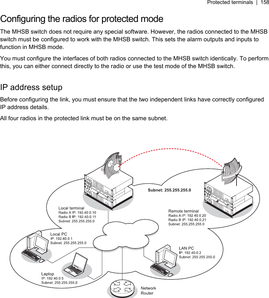 Protected terminals  |  158   Configuring the radios for protected mode The MHSB switch does not require any special software. However, the radios connected to the MHSB switch must be configured to work with the MHSB switch. This sets the alarm outputs and inputs to function in MHSB mode. You must configure the interfaces of both radios connected to the MHSB switch identically. To perform this, you can either connect directly to the radio or use the test mode of the MHSB switch.  IP address setup Before configuring the link, you must ensure that the two independent links have correctly configured IP address details. All four radios in the protected link must be on the same subnet.     