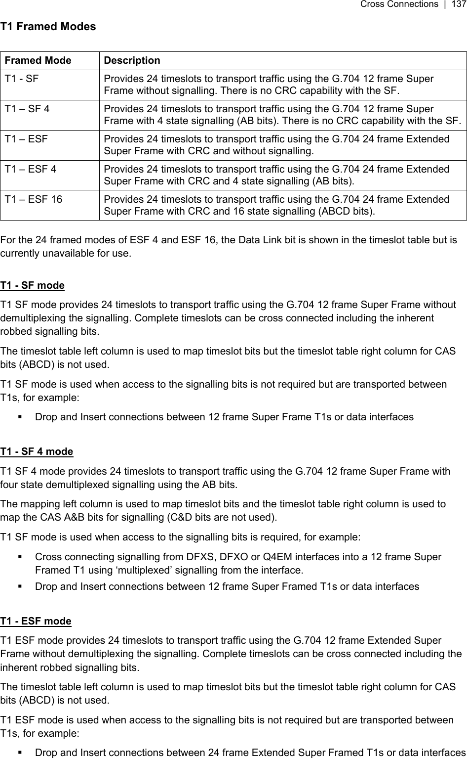 Cross Connections  |  137   T1 Framed Modes  Framed Mode  Description T1 - SF  Provides 24 timeslots to transport traffic using the G.704 12 frame Super Frame without signalling. There is no CRC capability with the SF. T1 – SF 4  Provides 24 timeslots to transport traffic using the G.704 12 frame Super Frame with 4 state signalling (AB bits). There is no CRC capability with the SF.T1 – ESF  Provides 24 timeslots to transport traffic using the G.704 24 frame Extended Super Frame with CRC and without signalling. T1 – ESF 4  Provides 24 timeslots to transport traffic using the G.704 24 frame Extended Super Frame with CRC and 4 state signalling (AB bits). T1 – ESF 16  Provides 24 timeslots to transport traffic using the G.704 24 frame Extended Super Frame with CRC and 16 state signalling (ABCD bits).  For the 24 framed modes of ESF 4 and ESF 16, the Data Link bit is shown in the timeslot table but is currently unavailable for use.  T1 - SF mode T1 SF mode provides 24 timeslots to transport traffic using the G.704 12 frame Super Frame without demultiplexing the signalling. Complete timeslots can be cross connected including the inherent robbed signalling bits. The timeslot table left column is used to map timeslot bits but the timeslot table right column for CAS bits (ABCD) is not used.  T1 SF mode is used when access to the signalling bits is not required but are transported between T1s, for example:   Drop and Insert connections between 12 frame Super Frame T1s or data interfaces  T1 - SF 4 mode T1 SF 4 mode provides 24 timeslots to transport traffic using the G.704 12 frame Super Frame with four state demultiplexed signalling using the AB bits. The mapping left column is used to map timeslot bits and the timeslot table right column is used to map the CAS A&amp;B bits for signalling (C&amp;D bits are not used).  T1 SF mode is used when access to the signalling bits is required, for example:   Cross connecting signalling from DFXS, DFXO or Q4EM interfaces into a 12 frame Super Framed T1 using ‘multiplexed’ signalling from the interface.   Drop and Insert connections between 12 frame Super Framed T1s or data interfaces  T1 - ESF mode T1 ESF mode provides 24 timeslots to transport traffic using the G.704 12 frame Extended Super Frame without demultiplexing the signalling. Complete timeslots can be cross connected including the inherent robbed signalling bits. The timeslot table left column is used to map timeslot bits but the timeslot table right column for CAS bits (ABCD) is not used.  T1 ESF mode is used when access to the signalling bits is not required but are transported between T1s, for example:   Drop and Insert connections between 24 frame Extended Super Framed T1s or data interfaces  