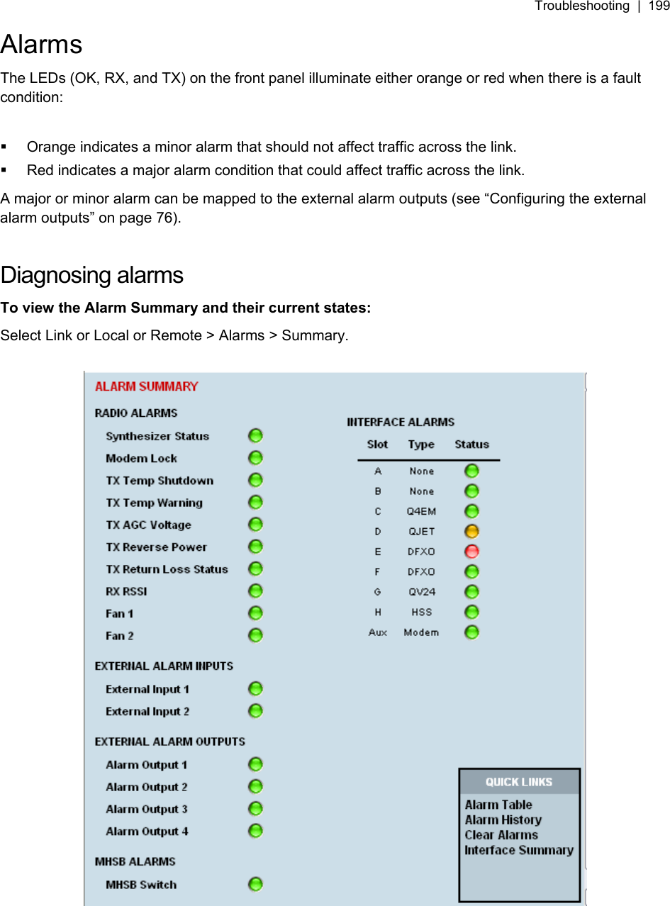 Troubleshooting  |  199   Alarms The LEDs (OK, RX, and TX) on the front panel illuminate either orange or red when there is a fault condition:    Orange indicates a minor alarm that should not affect traffic across the link.   Red indicates a major alarm condition that could affect traffic across the link. A major or minor alarm can be mapped to the external alarm outputs (see “Configuring the external alarm outputs” on page 76).   Diagnosing alarms To view the Alarm Summary and their current states: Select Link or Local or Remote &gt; Alarms &gt; Summary.    