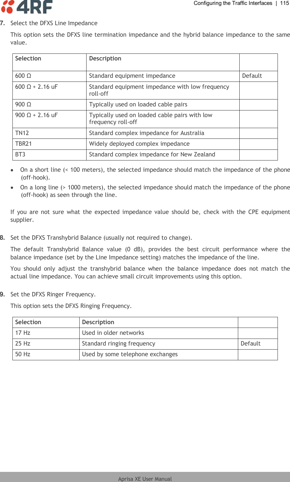  Configuring the Traffic Interfaces  |  115  Aprisa XE User Manual  7. Select the DFXS Line Impedance This option sets the DFXS line termination impedance and the hybrid balance impedance to the same value.  Selection Description  600 Ω Standard equipment impedance Default 600 Ω + 2.16 uF Standard equipment impedance with low frequency roll-off  900 Ω Typically used on loaded cable pairs  900 Ω + 2.16 uF Typically used on loaded cable pairs with low frequency roll-off  TN12 Standard complex impedance for Australia  TBR21 Widely deployed complex impedance  BT3 Standard complex impedance for New Zealand    On a short line (&lt; 100 meters), the selected impedance should match the impedance of the phone (off-hook).  On a long line (&gt; 1000 meters), the selected impedance should match the impedance of the phone (off-hook) as seen through the line.  If  you  are not  sure  what  the  expected  impedance value  should  be,  check  with  the  CPE  equipment supplier.  8. Set the DFXS Transhybrid Balance (usually not required to change). The  default  Transhybrid  Balance  value  (0  dB),  provides  the  best  circuit  performance  where  the balance impedance (set by the Line Impedance setting) matches the impedance of the line. You  should  only  adjust  the  transhybrid  balance  when  the  balance  impedance  does  not  match  the actual line impedance. You can achieve small circuit improvements using this option.  9. Set the DFXS Ringer Frequency. This option sets the DFXS Ringing Frequency.  Selection Description  17 Hz Used in older networks  25 Hz Standard ringing frequency Default 50 Hz Used by some telephone exchanges   