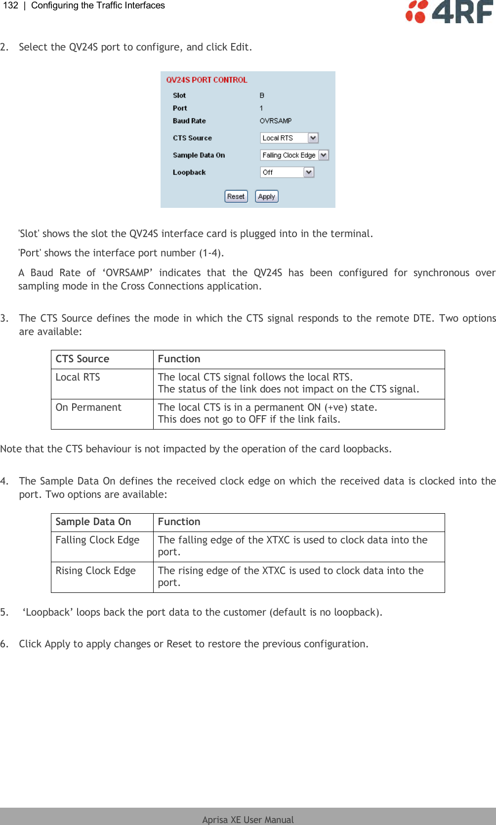 132  |  Configuring the Traffic Interfaces   Aprisa XE User Manual  2.  Select the QV24S port to configure, and click Edit.    &apos;Slot&apos; shows the slot the QV24S interface card is plugged into in the terminal. &apos;Port&apos; shows the interface port number (1-4). A  Baud  Rate  of  ‘OVRSAMP’  indicates  that  the  QV24S  has  been  configured  for  synchronous  over sampling mode in the Cross Connections application.  3.  The CTS Source defines the mode in which the CTS signal responds to the remote DTE. Two options are available:  CTS Source Function Local RTS The local CTS signal follows the local RTS. The status of the link does not impact on the CTS signal. On Permanent The local CTS is in a permanent ON (+ve) state. This does not go to OFF if the link fails.  Note that the CTS behaviour is not impacted by the operation of the card loopbacks.  4.  The Sample Data On defines the received clock edge on which the received data is clocked into the port. Two options are available:  Sample Data On Function Falling Clock Edge The falling edge of the XTXC is used to clock data into the port. Rising Clock Edge The rising edge of the XTXC is used to clock data into the port.  5.   ‘Loopback’ loops back the port data to the customer (default is no loopback).   6.  Click Apply to apply changes or Reset to restore the previous configuration.  