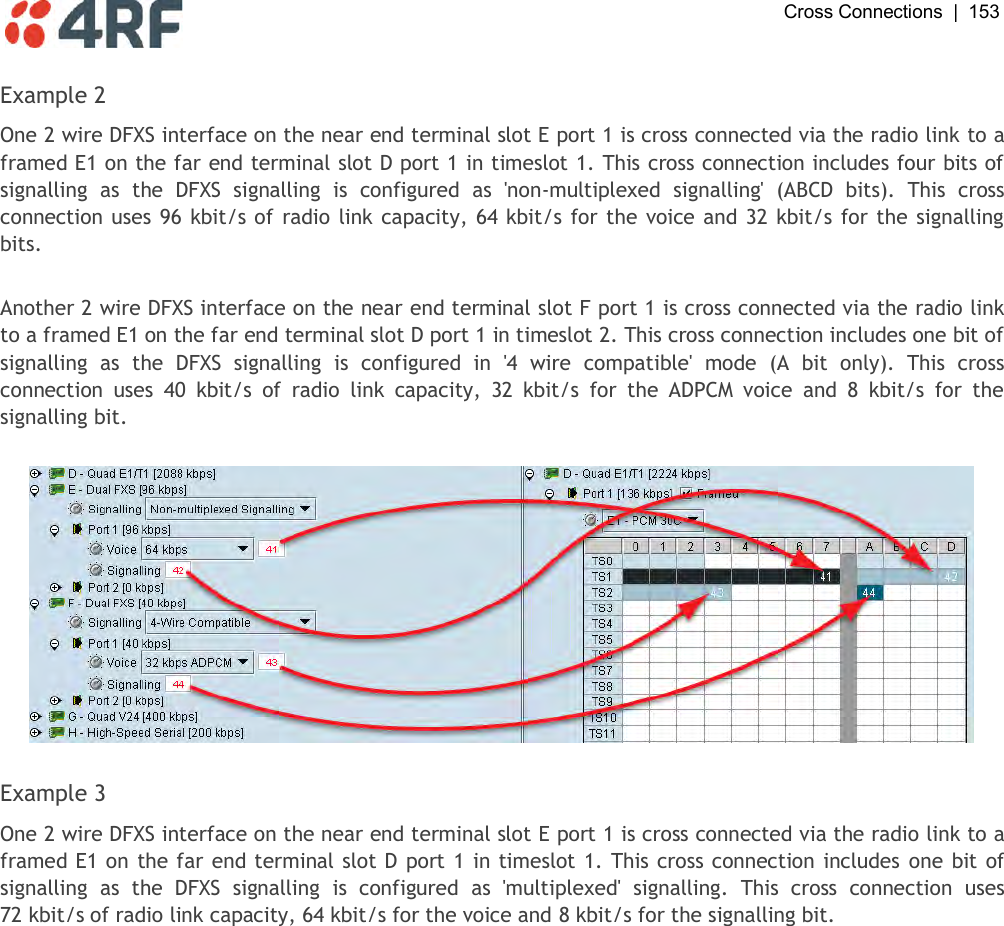  Cross Connections  |  153   Example 2 One 2 wire DFXS interface on the near end terminal slot E port 1 is cross connected via the radio link to a framed E1 on the far end terminal slot D port 1 in timeslot 1. This cross connection includes four bits of signalling  as  the  DFXS  signalling  is  configured  as  &apos;non-multiplexed  signalling&apos;  (ABCD  bits).  This  cross connection uses 96 kbit/s of radio link capacity, 64 kbit/s for the voice and 32 kbit/s for the signalling bits.  Another 2 wire DFXS interface on the near end terminal slot F port 1 is cross connected via the radio link to a framed E1 on the far end terminal slot D port 1 in timeslot 2. This cross connection includes one bit of signalling  as  the  DFXS  signalling  is  configured  in  &apos;4  wire  compatible&apos;  mode  (A  bit  only).  This  cross connection  uses  40  kbit/s  of  radio  link  capacity,  32  kbit/s  for  the  ADPCM  voice  and  8  kbit/s  for  the signalling bit.    Example 3 One 2 wire DFXS interface on the near end terminal slot E port 1 is cross connected via the radio link to a framed E1 on the far end terminal slot D port 1 in timeslot 1. This cross connection includes one bit of signalling  as  the  DFXS  signalling  is  configured  as  &apos;multiplexed&apos;  signalling.  This  cross  connection  uses 72 kbit/s of radio link capacity, 64 kbit/s for the voice and 8 kbit/s for the signalling bit.  