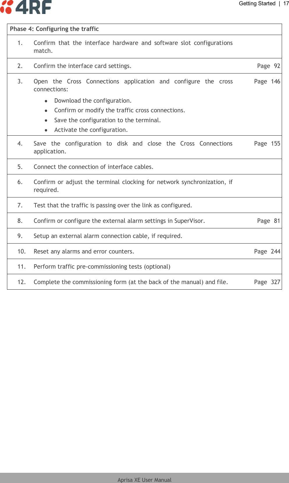  Getting Started  |  17  Aprisa XE User Manual   Phase 4: Configuring the traffic   1. Confirm  that  the  interface  hardware  and  software  slot  configurations match.   2. Confirm the interface card settings. Page  92  3. Open  the  Cross  Connections  application  and  configure  the  cross connections:  Download the configuration.  Confirm or modify the traffic cross connections.  Save the configuration to the terminal.  Activate the configuration. Page  146  4. Save  the  configuration  to  disk  and  close  the  Cross  Connections application. Page  155  5. Connect the connection of interface cables.   6. Confirm or adjust the terminal clocking for network synchronization, if required.   7. Test that the traffic is passing over the link as configured.   8. Confirm or configure the external alarm settings in SuperVisor. Page  81  9. Setup an external alarm connection cable, if required.   10. Reset any alarms and error counters. Page  244  11. Perform traffic pre-commissioning tests (optional)   12. Complete the commissioning form (at the back of the manual) and file. Page  327  