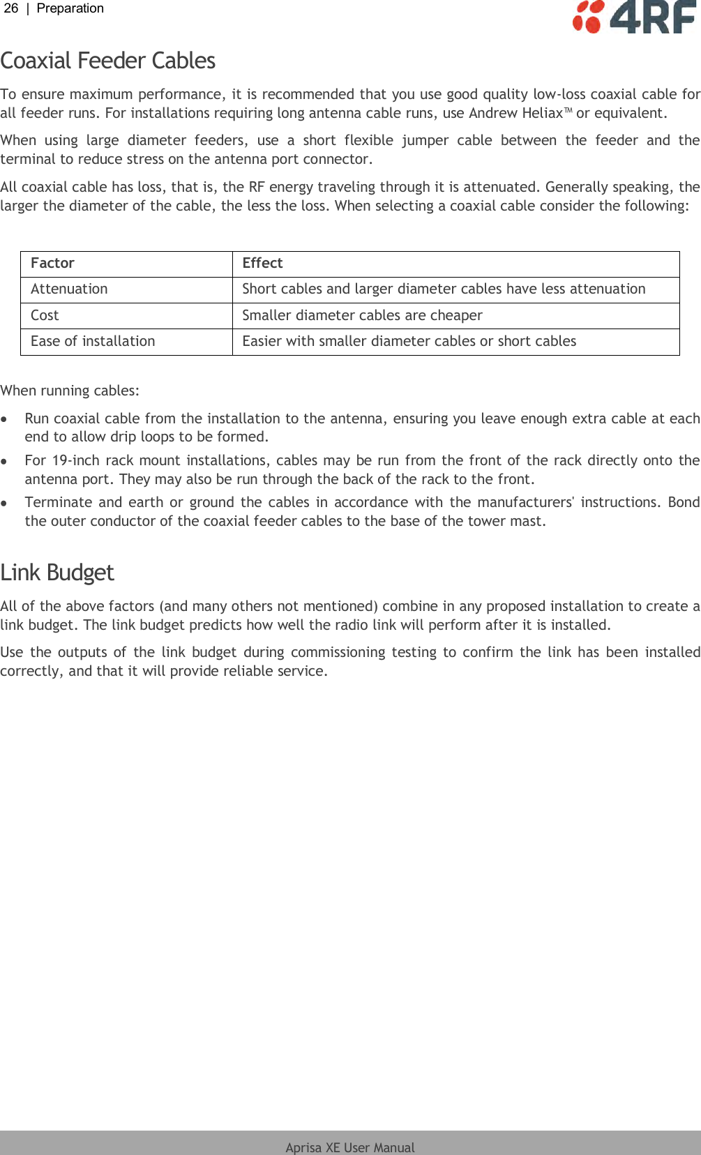 26  |  Preparation   Aprisa XE User Manual  Coaxial Feeder Cables To ensure maximum performance, it is recommended that you use good quality low-loss coaxial cable for all feeder runs. For installations requiring long antenna cable runs, use Andrew Heliax™ or equivalent. When  using  large  diameter  feeders,  use  a  short  flexible  jumper  cable  between  the  feeder  and  the terminal to reduce stress on the antenna port connector. All coaxial cable has loss, that is, the RF energy traveling through it is attenuated. Generally speaking, the larger the diameter of the cable, the less the loss. When selecting a coaxial cable consider the following:  Factor Effect Attenuation Short cables and larger diameter cables have less attenuation Cost Smaller diameter cables are cheaper Ease of installation Easier with smaller diameter cables or short cables  When running cables:  Run coaxial cable from the installation to the antenna, ensuring you leave enough extra cable at each end to allow drip loops to be formed.  For 19-inch rack mount installations, cables may be run from the front of the rack directly onto the antenna port. They may also be run through the back of the rack to the front.  Terminate and earth or ground the cables in accordance with the manufacturers&apos;  instructions. Bond the outer conductor of the coaxial feeder cables to the base of the tower mast.  Link Budget All of the above factors (and many others not mentioned) combine in any proposed installation to create a link budget. The link budget predicts how well the radio link will perform after it is installed. Use  the outputs of  the  link  budget  during  commissioning testing  to confirm the link has  been  installed correctly, and that it will provide reliable service. 
