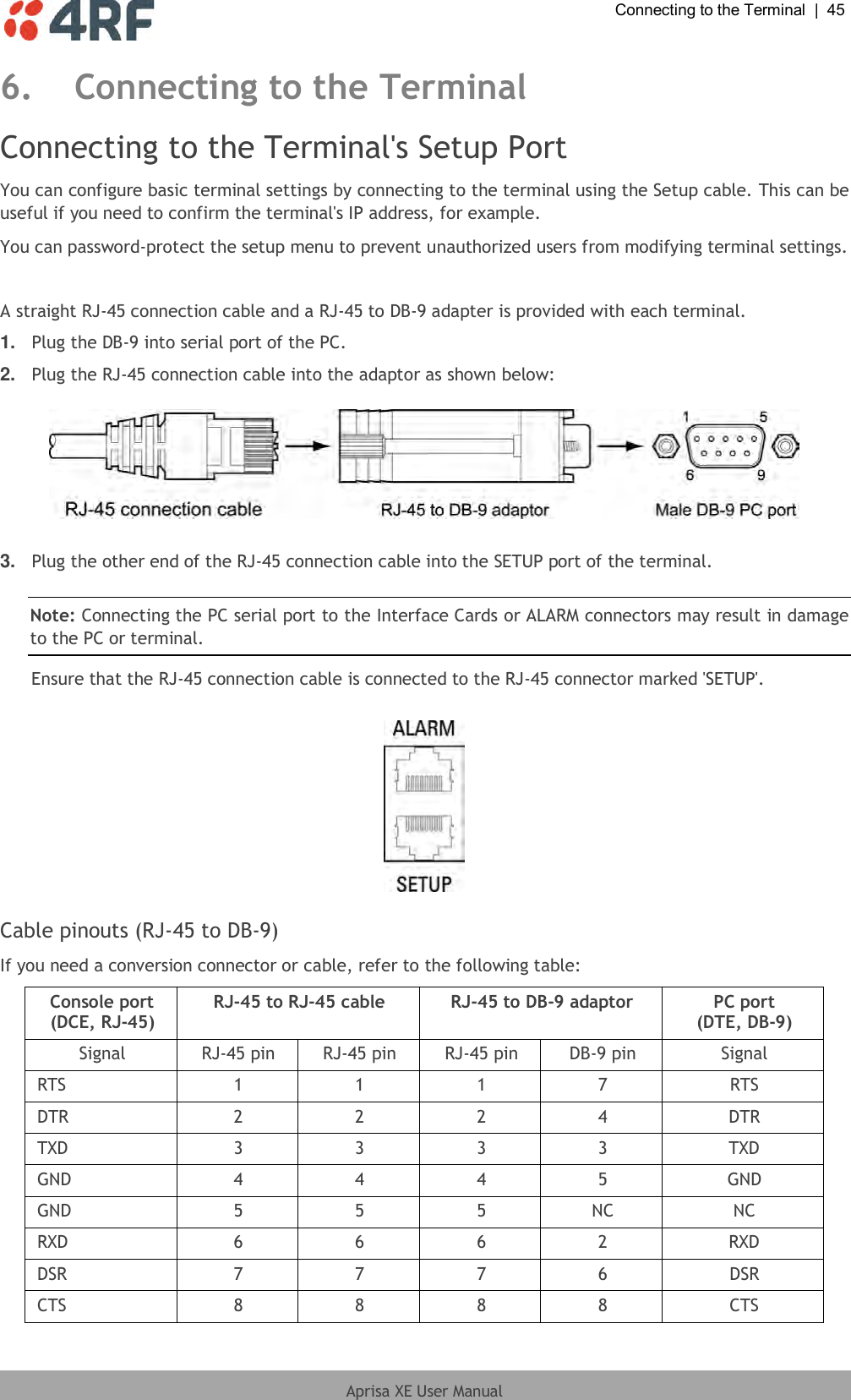  Connecting to the Terminal  |  45  Aprisa XE User Manual  6. Connecting to the Terminal Connecting to the Terminal&apos;s Setup Port You can configure basic terminal settings by connecting to the terminal using the Setup cable. This can be useful if you need to confirm the terminal&apos;s IP address, for example. You can password-protect the setup menu to prevent unauthorized users from modifying terminal settings.  A straight RJ-45 connection cable and a RJ-45 to DB-9 adapter is provided with each terminal.  1. Plug the DB-9 into serial port of the PC. 2. Plug the RJ-45 connection cable into the adaptor as shown below:    3. Plug the other end of the RJ-45 connection cable into the SETUP port of the terminal.  Note: Connecting the PC serial port to the Interface Cards or ALARM connectors may result in damage to the PC or terminal. Ensure that the RJ-45 connection cable is connected to the RJ-45 connector marked &apos;SETUP&apos;.    Cable pinouts (RJ-45 to DB-9) If you need a conversion connector or cable, refer to the following table: Console port (DCE, RJ-45) RJ-45 to RJ-45 cable RJ-45 to DB-9 adaptor PC port  (DTE, DB-9) Signal RJ-45 pin RJ-45 pin RJ-45 pin DB-9 pin Signal RTS 1 1 1 7 RTS DTR 2 2 2 4 DTR TXD 3 3 3 3 TXD GND 4 4 4 5 GND GND 5 5 5 NC NC RXD 6 6 6 2 RXD DSR 7 7 7 6 DSR CTS 8 8 8 8 CTS  