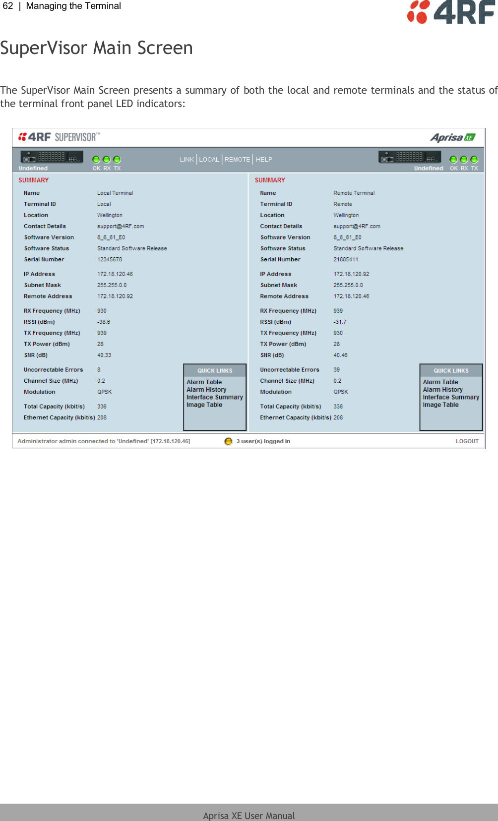 62  |  Managing the Terminal   Aprisa XE User Manual  SuperVisor Main Screen  The SuperVisor Main Screen presents a summary of both the local and remote terminals and the status of the terminal front panel LED indicators:    