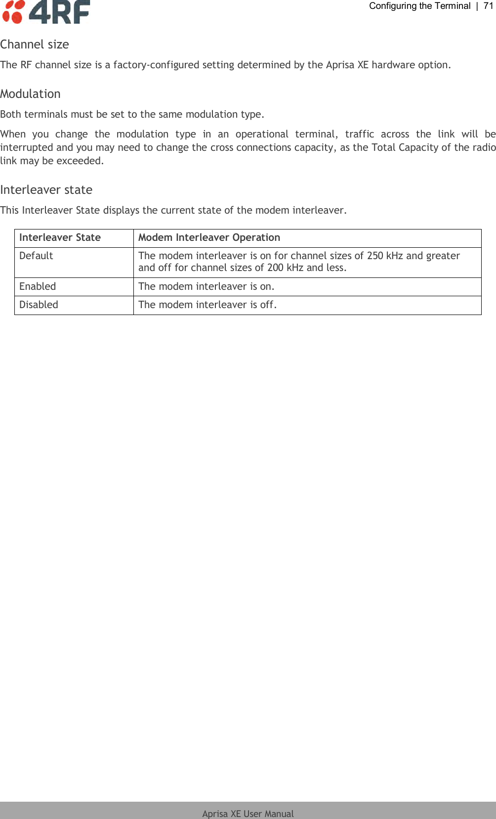  Configuring the Terminal  |  71  Aprisa XE User Manual  Channel size The RF channel size is a factory-configured setting determined by the Aprisa XE hardware option.  Modulation Both terminals must be set to the same modulation type. When  you  change  the  modulation  type  in  an  operational  terminal,  traffic  across  the  link  will  be interrupted and you may need to change the cross connections capacity, as the Total Capacity of the radio link may be exceeded.  Interleaver state This Interleaver State displays the current state of the modem interleaver.  Interleaver State Modem Interleaver Operation Default The modem interleaver is on for channel sizes of 250 kHz and greater and off for channel sizes of 200 kHz and less. Enabled The modem interleaver is on. Disabled The modem interleaver is off.  