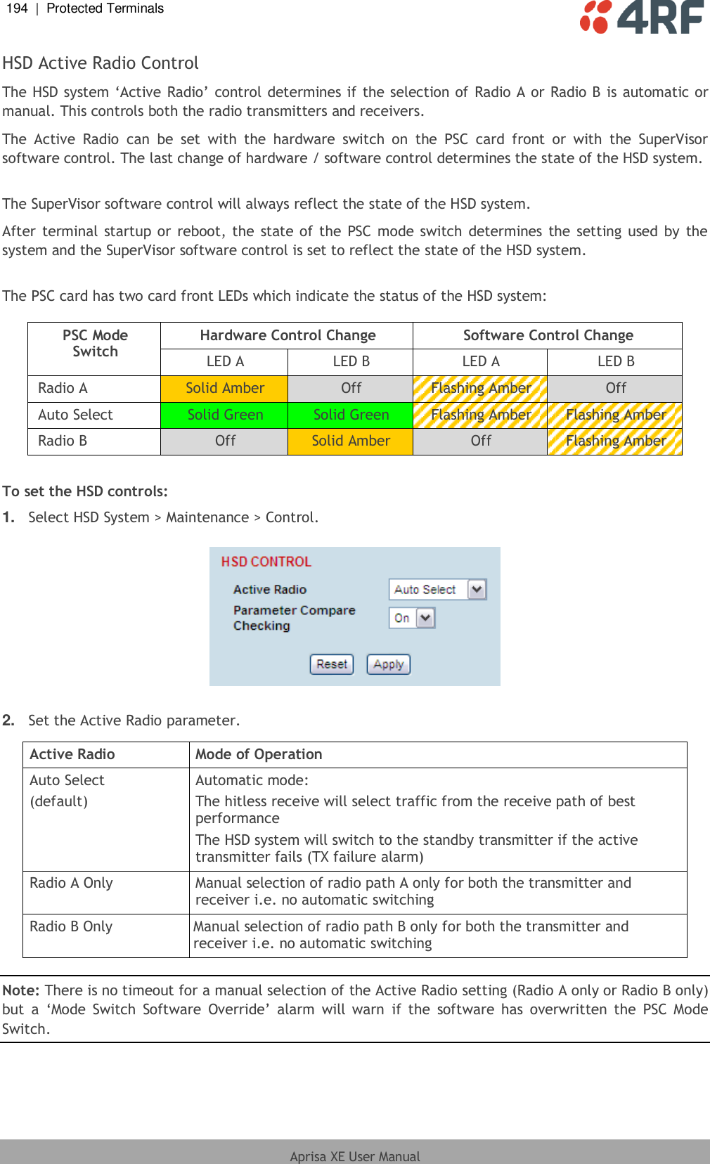 194  |  Protected Terminals   Aprisa XE User Manual  HSD Active Radio Control The HSD system ‘Active Radio’ control determines if the selection of Radio A or Radio B is automatic or manual. This controls both the radio transmitters and receivers. The  Active  Radio  can  be  set  with  the  hardware  switch  on  the  PSC  card  front  or  with  the  SuperVisor software control. The last change of hardware / software control determines the state of the HSD system.  The SuperVisor software control will always reflect the state of the HSD system. After terminal  startup or  reboot, the  state of the  PSC mode switch determines the setting  used by the system and the SuperVisor software control is set to reflect the state of the HSD system.  The PSC card has two card front LEDs which indicate the status of the HSD system:  PSC Mode Switch Hardware Control Change Software Control Change LED A LED B LED A LED B Radio A Solid Amber Off Flashing Amber Off Auto Select Solid Green Solid Green Flashing Amber Flashing Amber Radio B Off Solid Amber Off Flashing Amber  To set the HSD controls: 1. Select HSD System &gt; Maintenance &gt; Control.    2. Set the Active Radio parameter.  Active Radio Mode of Operation Auto Select (default) Automatic mode: The hitless receive will select traffic from the receive path of best performance The HSD system will switch to the standby transmitter if the active transmitter fails (TX failure alarm) Radio A Only Manual selection of radio path A only for both the transmitter and receiver i.e. no automatic switching Radio B Only Manual selection of radio path B only for both the transmitter and receiver i.e. no automatic switching  Note: There is no timeout for a manual selection of the Active Radio setting (Radio A only or Radio B only) but  a  ‘Mode  Switch  Software  Override’  alarm  will  warn  if  the  software  has  overwritten  the  PSC  Mode Switch. 