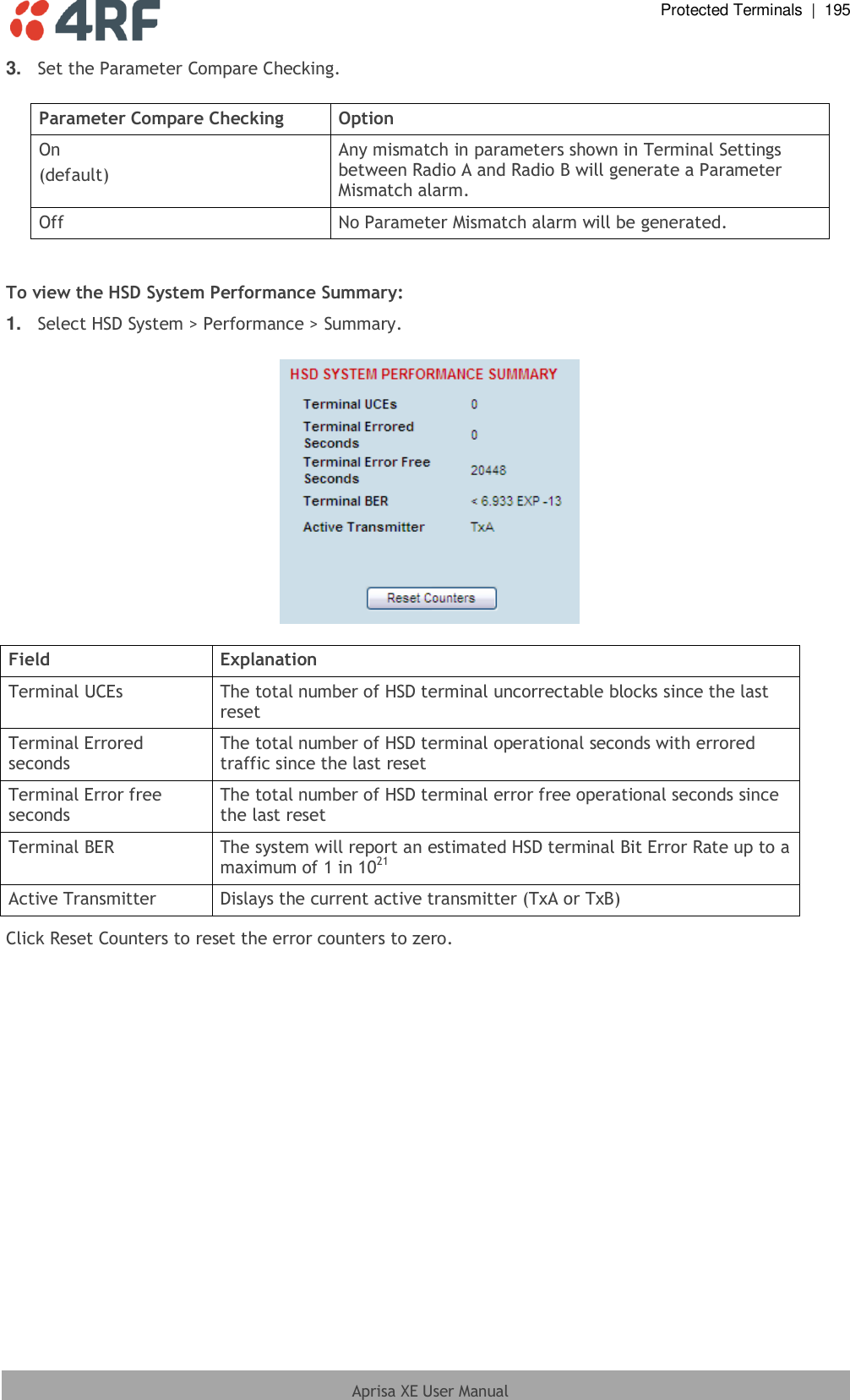  Protected Terminals  |  195  Aprisa XE User Manual  3. Set the Parameter Compare Checking.  Parameter Compare Checking Option On (default) Any mismatch in parameters shown in Terminal Settings between Radio A and Radio B will generate a Parameter Mismatch alarm. Off No Parameter Mismatch alarm will be generated.   To view the HSD System Performance Summary: 1. Select HSD System &gt; Performance &gt; Summary.    Field Explanation Terminal UCEs The total number of HSD terminal uncorrectable blocks since the last reset Terminal Errored seconds The total number of HSD terminal operational seconds with errored traffic since the last reset Terminal Error free seconds The total number of HSD terminal error free operational seconds since the last reset Terminal BER The system will report an estimated HSD terminal Bit Error Rate up to a maximum of 1 in 1021 Active Transmitter Dislays the current active transmitter (TxA or TxB) Click Reset Counters to reset the error counters to zero.  
