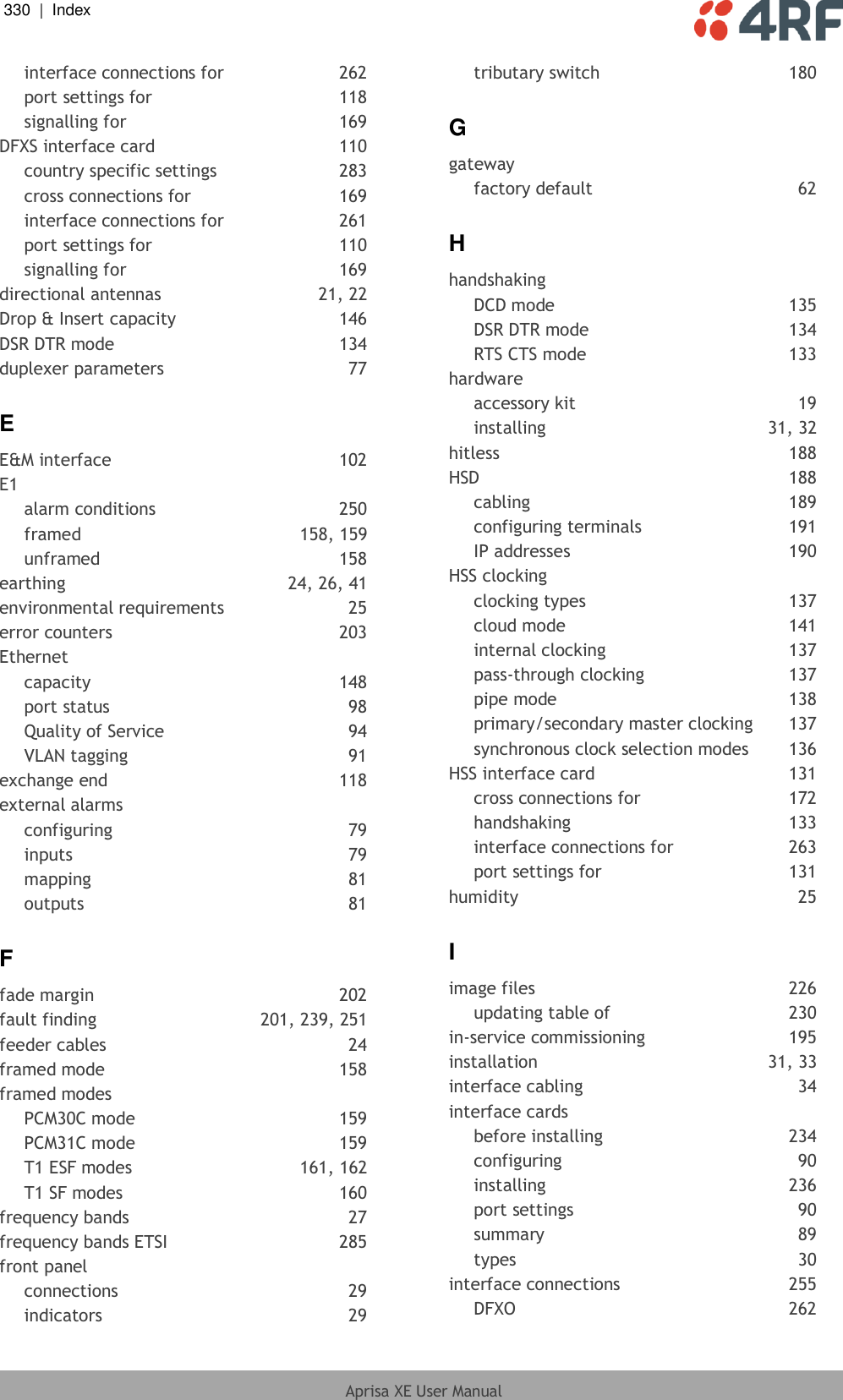 330  |  Index   Aprisa XE User Manual  interface connections for  262 port settings for  118 signalling for  169 DFXS interface card  110 country specific settings 283 cross connections for  169 interface connections for  261 port settings for  110 signalling for  169 directional antennas  21, 22 Drop &amp; Insert capacity  146 DSR DTR mode  134 duplexer parameters  77 E E&amp;M interface  102 E1 alarm conditions  250 framed  158, 159 unframed  158 earthing  24, 26, 41 environmental requirements  25 error counters  203 Ethernet capacity  148 port status  98 Quality of Service  94 VLAN tagging  91 exchange end  118 external alarms configuring  79 inputs  79 mapping  81 outputs  81 F fade margin  202 fault finding  201, 239, 251 feeder cables  24 framed mode  158 framed modes PCM30C mode  159 PCM31C mode  159 T1 ESF modes  161, 162 T1 SF modes  160 frequency bands  27 frequency bands ETSI  285 front panel connections  29 indicators  29 tributary switch  180 G gateway factory default  62 H handshaking DCD mode  135 DSR DTR mode  134 RTS CTS mode  133 hardware accessory kit  19 installing  31, 32 hitless  188 HSD  188 cabling  189 configuring terminals  191 IP addresses  190 HSS clocking clocking types  137 cloud mode  141 internal clocking  137 pass-through clocking  137 pipe mode  138 primary/secondary master clocking  137 synchronous clock selection modes  136 HSS interface card  131 cross connections for  172 handshaking  133 interface connections for  263 port settings for  131 humidity  25 I image files  226 updating table of  230 in-service commissioning  195 installation  31, 33 interface cabling  34 interface cards before installing  234 configuring  90 installing  236 port settings  90 summary  89 types  30 interface connections  255 DFXO  262 