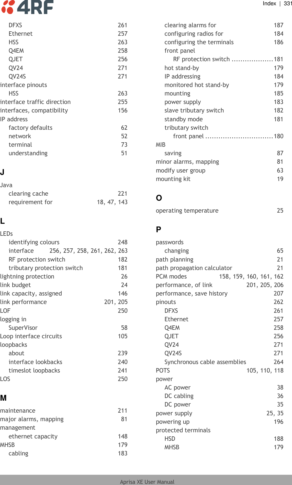  Index  |  331  Aprisa XE User Manual  DFXS  261 Ethernet  257 HSS  263 Q4EM  258 QJET  256 QV24  271 QV24S  271 interface pinouts HSS  263 interface traffic direction  255 interfaces, compatibility  156 IP address factory defaults  62 network  52 terminal  73 understanding  51 J Java clearing cache  221 requirement for  18, 47, 143 L LEDs identifying colours  248 interface  256, 257, 258, 261, 262, 263 RF protection switch  182 tributary protection switch  181 lightning protection  26 link budget  24 link capacity, assigned  146 link performance  201, 205 LOF  250 logging in SuperVisor  58 Loop interface circuits  105 loopbacks about  239 interface lookbacks  240 timeslot loopbacks  241 LOS  250 M maintenance  211 major alarms, mapping  81 management ethernet capacity  148 MHSB  179 cabling  183 clearing alarms for  187 configuring radios for  184 configuring the terminals  186 front panel RF protection switch ................... 181 hot stand-by 179 IP addressing  184 monitored hot stand-by 179 mounting  185 power supply  183 slave tributary switch  182 standby mode  181 tributary switch front panel ............................... 180 MIB saving  87 minor alarms, mapping  81 modify user group  63 mounting kit  19 O operating temperature  25 P passwords changing  65 path planning  21 path propagation calculator  21 PCM modes  158, 159, 160, 161, 162 performance, of link  201, 205, 206 performance, save history  207 pinouts  262 DFXS  261 Ethernet  257 Q4EM  258 QJET  256 QV24  271 QV24S  271 Synchronous cable assemblies  264 POTS  105, 110, 118 power AC power  38 DC cabling  36 DC power  35 power supply  25, 35 powering up  196 protected terminals HSD  188 MHSB  179 