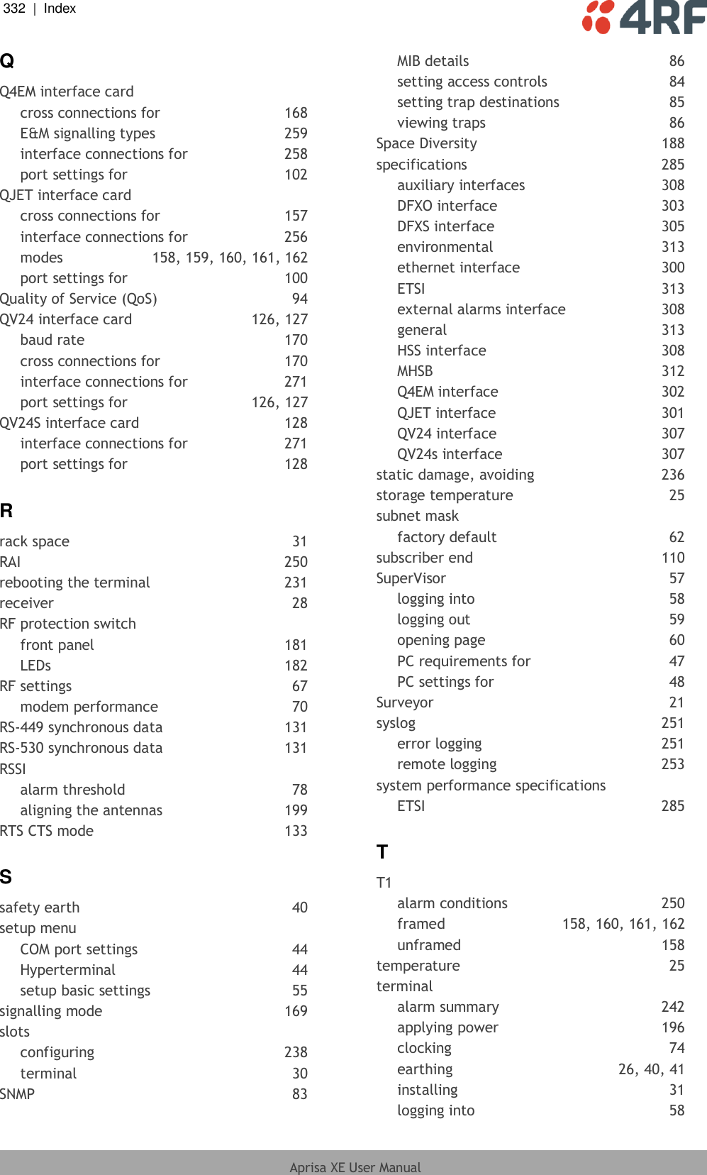 332  |  Index   Aprisa XE User Manual  Q Q4EM interface card cross connections for  168 E&amp;M signalling types  259 interface connections for  258 port settings for  102 QJET interface card cross connections for  157 interface connections for  256 modes  158, 159, 160, 161, 162 port settings for  100 Quality of Service (QoS)  94 QV24 interface card  126, 127 baud rate  170 cross connections for  170 interface connections for  271 port settings for  126, 127 QV24S interface card  128 interface connections for  271 port settings for  128 R rack space  31 RAI  250 rebooting the terminal  231 receiver  28 RF protection switch front panel  181 LEDs  182 RF settings  67 modem performance  70 RS-449 synchronous data  131 RS-530 synchronous data  131 RSSI alarm threshold  78 aligning the antennas  199 RTS CTS mode  133 S safety earth  40 setup menu COM port settings  44 Hyperterminal  44 setup basic settings  55 signalling mode  169 slots configuring  238 terminal  30 SNMP  83 MIB details  86 setting access controls  84 setting trap destinations  85 viewing traps  86 Space Diversity  188 specifications 285 auxiliary interfaces  308 DFXO interface  303 DFXS interface  305 environmental  313 ethernet interface  300 ETSI  313 external alarms interface  308 general  313 HSS interface  308 MHSB  312 Q4EM interface  302 QJET interface  301 QV24 interface  307 QV24s interface  307 static damage, avoiding  236 storage temperature  25 subnet mask factory default  62 subscriber end  110 SuperVisor  57 logging into  58 logging out  59 opening page  60 PC requirements for  47 PC settings for  48 Surveyor  21 syslog  251 error logging  251 remote logging  253 system performance specifications ETSI  285 T T1 alarm conditions  250 framed  158, 160, 161, 162 unframed  158 temperature  25 terminal alarm summary  242 applying power  196 clocking  74 earthing  26, 40, 41 installing  31 logging into  58 