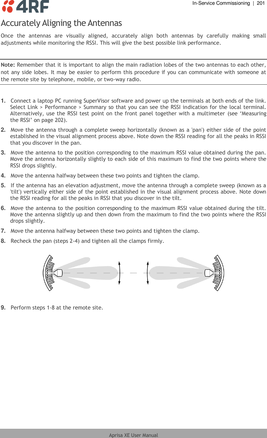  In-Service Commissioning  |  201  Aprisa XE User Manual  Accurately Aligning the Antennas Once  the  antennas  are  visually  aligned,  accurately  align  both  antennas  by  carefully  making  small adjustments while monitoring the RSSI. This will give the best possible link performance.  Note: Remember that it is important to align the main radiation lobes of the two antennas to each other, not any side lobes. It may be easier to perform this procedure if you can communicate with someone at the remote site by telephone, mobile, or two-way radio.  1. Connect a laptop PC running SuperVisor software and power up the terminals at both ends of the link. Select Link &gt; Performance &gt; Summary so that you can see the RSSI indication for the local terminal. Alternatively, use the RSSI test point on the front panel together with a multimeter (see ‘Measuring the RSSI’ on page 202). 2. Move the antenna through a complete sweep horizontally (known as a &apos;pan&apos;) either side of the point established in the visual alignment process above. Note down the RSSI reading for all the peaks in RSSI that you discover in the pan. 3. Move the antenna to the position corresponding to the maximum RSSI value obtained during the pan. Move the antenna horizontally slightly to each side of this maximum to find the two points where the RSSI drops slightly. 4. Move the antenna halfway between these two points and tighten the clamp. 5. If the antenna has an elevation adjustment, move the antenna through a complete sweep (known as a &apos;tilt&apos;) vertically either side of the point established in the visual alignment process above. Note down the RSSI reading for all the peaks in RSSI that you discover in the tilt. 6. Move the antenna to the position corresponding to the maximum RSSI value obtained during the tilt. Move the antenna slightly up and then down from the maximum to find the two points where the RSSI drops slightly. 7. Move the antenna halfway between these two points and tighten the clamp. 8. Recheck the pan (steps 2-4) and tighten all the clamps firmly.    9. Perform steps 1-8 at the remote site.  