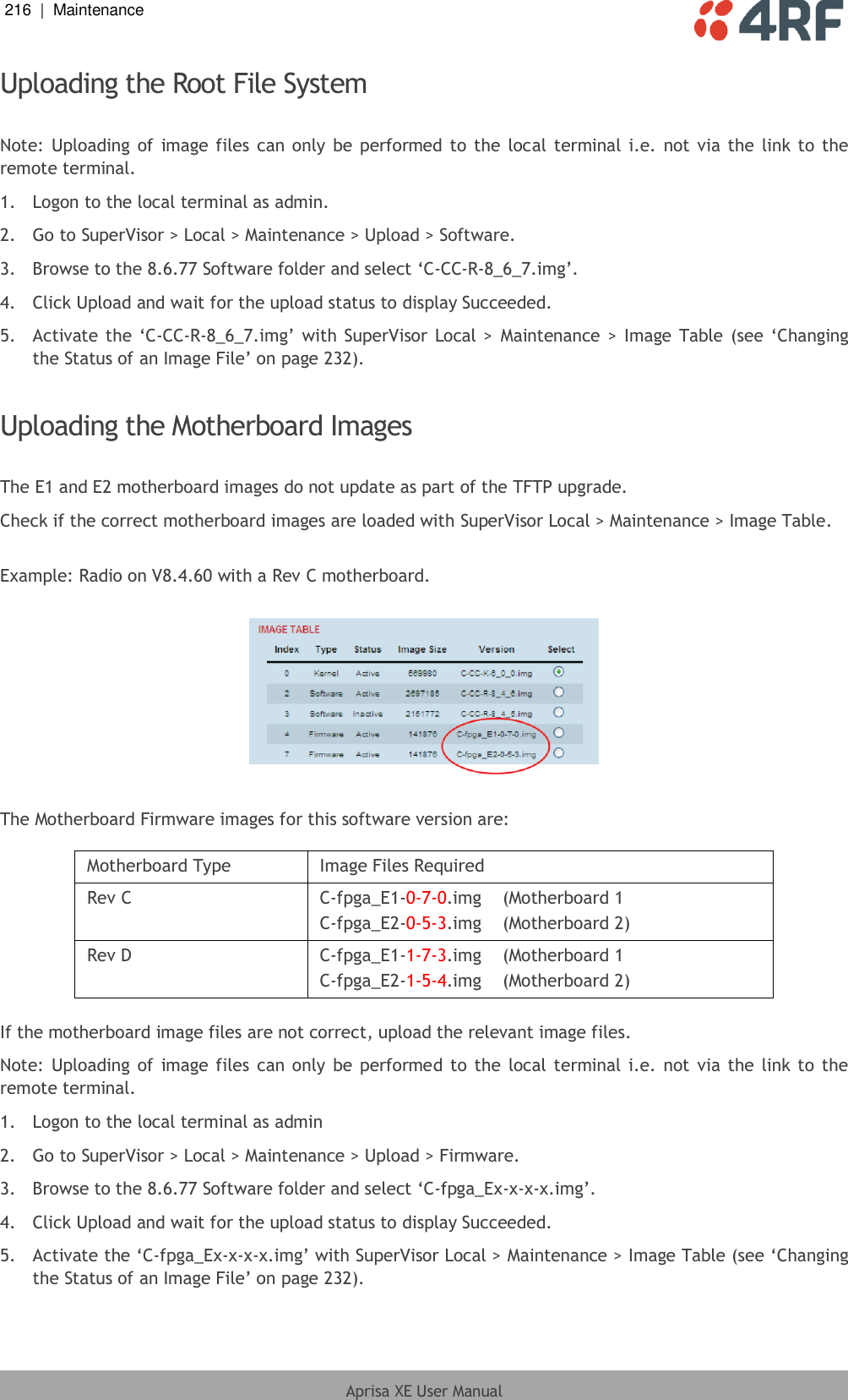 216  |  Maintenance   Aprisa XE User Manual  Uploading the Root File System  Note: Uploading of image files can only  be  performed to the local terminal i.e. not via the  link to the remote terminal. 1.  Logon to the local terminal as admin. 2.  Go to SuperVisor &gt; Local &gt; Maintenance &gt; Upload &gt; Software. 3.  Browse to the 8.6.77 Software folder and select ‘C-CC-R-8_6_7.img’. 4.  Click Upload and wait for the upload status to display Succeeded. 5.  Activate the ‘C-CC-R-8_6_7.img’ with SuperVisor  Local  &gt;  Maintenance &gt; Image Table (see  ‘Changing the Status of an Image File’ on page 232).  Uploading the Motherboard Images  The E1 and E2 motherboard images do not update as part of the TFTP upgrade. Check if the correct motherboard images are loaded with SuperVisor Local &gt; Maintenance &gt; Image Table.  Example: Radio on V8.4.60 with a Rev C motherboard.    The Motherboard Firmware images for this software version are:  Motherboard Type Image Files Required Rev C C-fpga_E1-0-7-0.img    (Motherboard 1 C-fpga_E2-0-5-3.img    (Motherboard 2) Rev D C-fpga_E1-1-7-3.img    (Motherboard 1 C-fpga_E2-1-5-4.img    (Motherboard 2)  If the motherboard image files are not correct, upload the relevant image files. Note: Uploading of image files can only  be  performed to the local terminal  i.e. not via the  link to the remote terminal. 1.  Logon to the local terminal as admin  2.  Go to SuperVisor &gt; Local &gt; Maintenance &gt; Upload &gt; Firmware. 3.  Browse to the 8.6.77 Software folder and select ‘C-fpga_Ex-x-x-x.img’. 4.  Click Upload and wait for the upload status to display Succeeded. 5.  Activate the ‘C-fpga_Ex-x-x-x.img’ with SuperVisor Local &gt; Maintenance &gt; Image Table (see ‘Changing the Status of an Image File’ on page 232). 