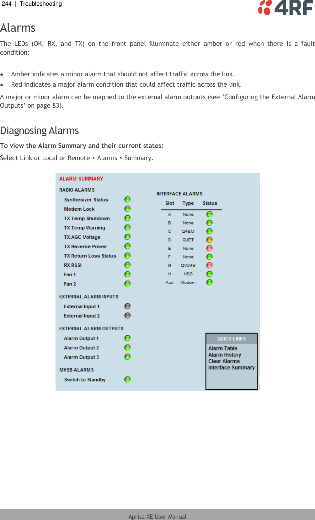 244  |  Troubleshooting   Aprisa XE User Manual  Alarms The  LEDs  (OK,  RX,  and  TX)  on  the  front  panel  illuminate  either  amber  or  red  when  there  is  a  fault condition:   Amber indicates a minor alarm that should not affect traffic across the link.  Red indicates a major alarm condition that could affect traffic across the link. A major or minor alarm can be mapped to the external alarm outputs (see ‘Configuring the External Alarm Outputs’ on page 83).   Diagnosing Alarms To view the Alarm Summary and their current states: Select Link or Local or Remote &gt; Alarms &gt; Summary.    