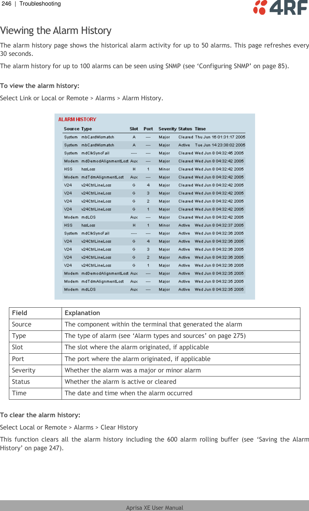 246  |  Troubleshooting   Aprisa XE User Manual  Viewing the Alarm History The alarm history page shows the historical alarm activity for up to 50 alarms. This page refreshes every 30 seconds.  The alarm history for up to 100 alarms can be seen using SNMP (see ‘Configuring SNMP’ on page 85).  To view the alarm history: Select Link or Local or Remote &gt; Alarms &gt; Alarm History.    Field Explanation Source The component within the terminal that generated the alarm Type The type of alarm (see ‘Alarm types and sources’ on page 275) Slot The slot where the alarm originated, if applicable Port The port where the alarm originated, if applicable Severity Whether the alarm was a major or minor alarm Status Whether the alarm is active or cleared Time The date and time when the alarm occurred  To clear the alarm history: Select Local or Remote &gt; Alarms &gt; Clear History This  function clears  all  the  alarm history  including the  600  alarm  rolling  buffer  (see  ‘Saving  the  Alarm History’ on page 247).  