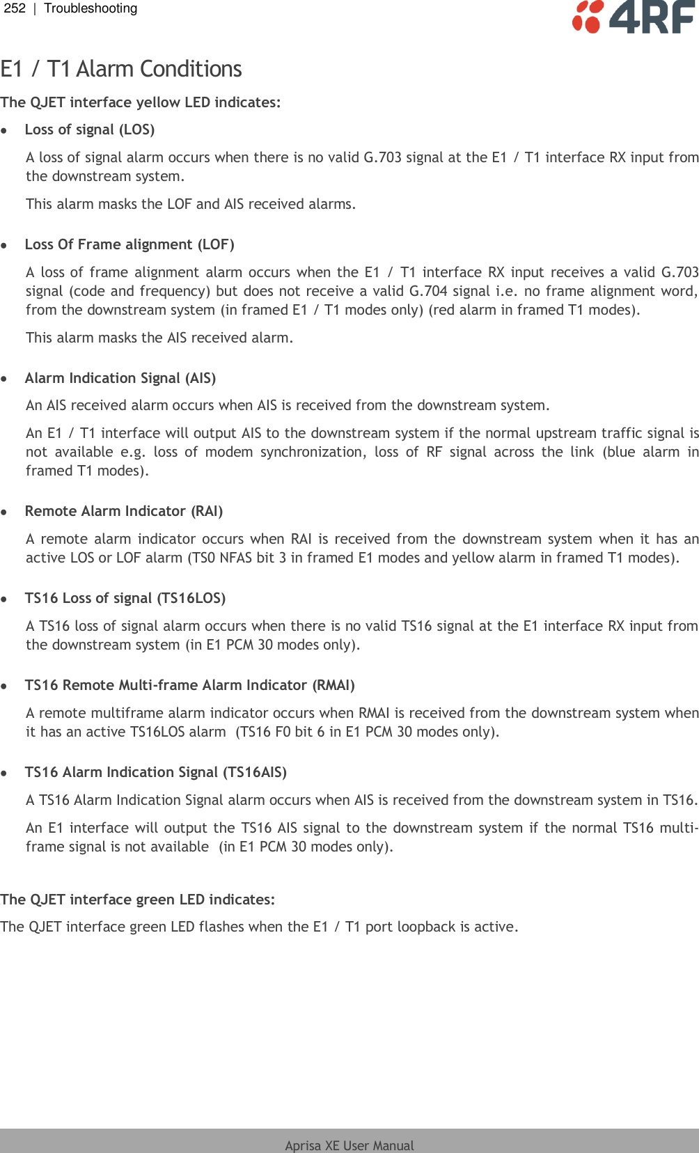 252  |  Troubleshooting   Aprisa XE User Manual  E1 / T1 Alarm Conditions The QJET interface yellow LED indicates:  Loss of signal (LOS) A loss of signal alarm occurs when there is no valid G.703 signal at the E1 / T1 interface RX input from the downstream system. This alarm masks the LOF and AIS received alarms.   Loss Of Frame alignment (LOF) A loss of frame alignment alarm occurs when the E1 / T1 interface RX input receives a valid G.703 signal (code and frequency) but does not receive a valid G.704 signal i.e. no frame alignment word, from the downstream system (in framed E1 / T1 modes only) (red alarm in framed T1 modes). This alarm masks the AIS received alarm.   Alarm Indication Signal (AIS) An AIS received alarm occurs when AIS is received from the downstream system. An E1 / T1 interface will output AIS to the downstream system if the normal upstream traffic signal is not  available  e.g.  loss  of  modem  synchronization,  loss  of  RF  signal  across  the  link  (blue  alarm  in framed T1 modes).    Remote Alarm Indicator (RAI) A remote alarm indicator occurs when RAI  is received from the downstream system when it has an active LOS or LOF alarm (TS0 NFAS bit 3 in framed E1 modes and yellow alarm in framed T1 modes).   TS16 Loss of signal (TS16LOS) A TS16 loss of signal alarm occurs when there is no valid TS16 signal at the E1 interface RX input from the downstream system (in E1 PCM 30 modes only).   TS16 Remote Multi-frame Alarm Indicator (RMAI) A remote multiframe alarm indicator occurs when RMAI is received from the downstream system when it has an active TS16LOS alarm  (TS16 F0 bit 6 in E1 PCM 30 modes only).   TS16 Alarm Indication Signal (TS16AIS) A TS16 Alarm Indication Signal alarm occurs when AIS is received from the downstream system in TS16. An E1 interface will output the  TS16 AIS signal to the downstream system if the normal TS16 multi-frame signal is not available  (in E1 PCM 30 modes only).  The QJET interface green LED indicates: The QJET interface green LED flashes when the E1 / T1 port loopback is active.  