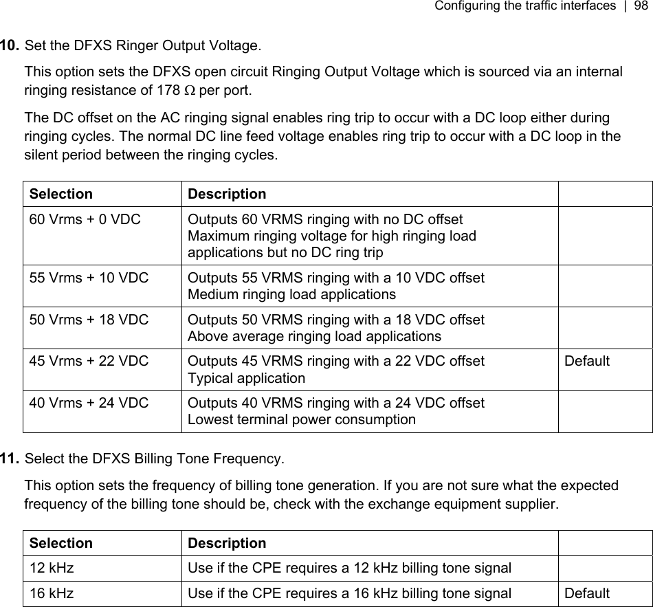 Configuring the traffic interfaces  |  98   10. Set the DFXS Ringer Output Voltage. This option sets the DFXS open circuit Ringing Output Voltage which is sourced via an internal ringing resistance of 178 Ω per port. The DC offset on the AC ringing signal enables ring trip to occur with a DC loop either during ringing cycles. The normal DC line feed voltage enables ring trip to occur with a DC loop in the silent period between the ringing cycles.  Selection Description   60 Vrms + 0 VDC  Outputs 60 VRMS ringing with no DC offset Maximum ringing voltage for high ringing load applications but no DC ring trip  55 Vrms + 10 VDC  Outputs 55 VRMS ringing with a 10 VDC offset Medium ringing load applications  50 Vrms + 18 VDC  Outputs 50 VRMS ringing with a 18 VDC offset Above average ringing load applications  45 Vrms + 22 VDC  Outputs 45 VRMS ringing with a 22 VDC offset Typical application Default 40 Vrms + 24 VDC  Outputs 40 VRMS ringing with a 24 VDC offset Lowest terminal power consumption   11. Select the DFXS Billing Tone Frequency. This option sets the frequency of billing tone generation. If you are not sure what the expected frequency of the billing tone should be, check with the exchange equipment supplier.  Selection Description   12 kHz  Use if the CPE requires a 12 kHz billing tone signal   16 kHz  Use if the CPE requires a 16 kHz billing tone signal  Default  