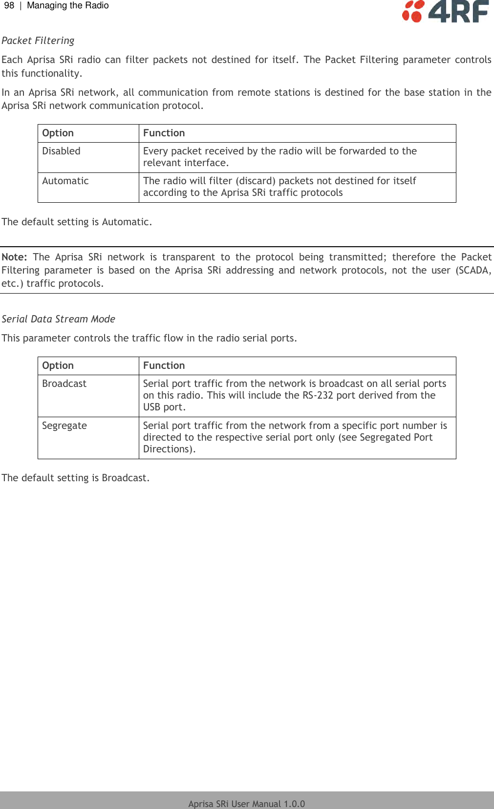 98  |  Managing the Radio   Aprisa SRi User Manual 1.0.0  Packet Filtering Each Aprisa  SRi  radio  can  filter packets  not  destined  for  itself.  The Packet Filtering  parameter  controls this functionality. In an Aprisa SRi network, all communication from remote stations is destined for the base station in the Aprisa SRi network communication protocol.   Option Function Disabled Every packet received by the radio will be forwarded to the relevant interface. Automatic The radio will filter (discard) packets not destined for itself according to the Aprisa SRi traffic protocols  The default setting is Automatic.  Note:  The  Aprisa  SRi  network  is  transparent  to  the  protocol  being  transmitted;  therefore  the  Packet Filtering  parameter  is  based  on  the  Aprisa  SRi  addressing  and  network  protocols,  not  the  user  (SCADA, etc.) traffic protocols.  Serial Data Stream Mode This parameter controls the traffic flow in the radio serial ports.  Option Function Broadcast Serial port traffic from the network is broadcast on all serial ports on this radio. This will include the RS-232 port derived from the USB port. Segregate Serial port traffic from the network from a specific port number is directed to the respective serial port only (see Segregated Port Directions).  The default setting is Broadcast.    