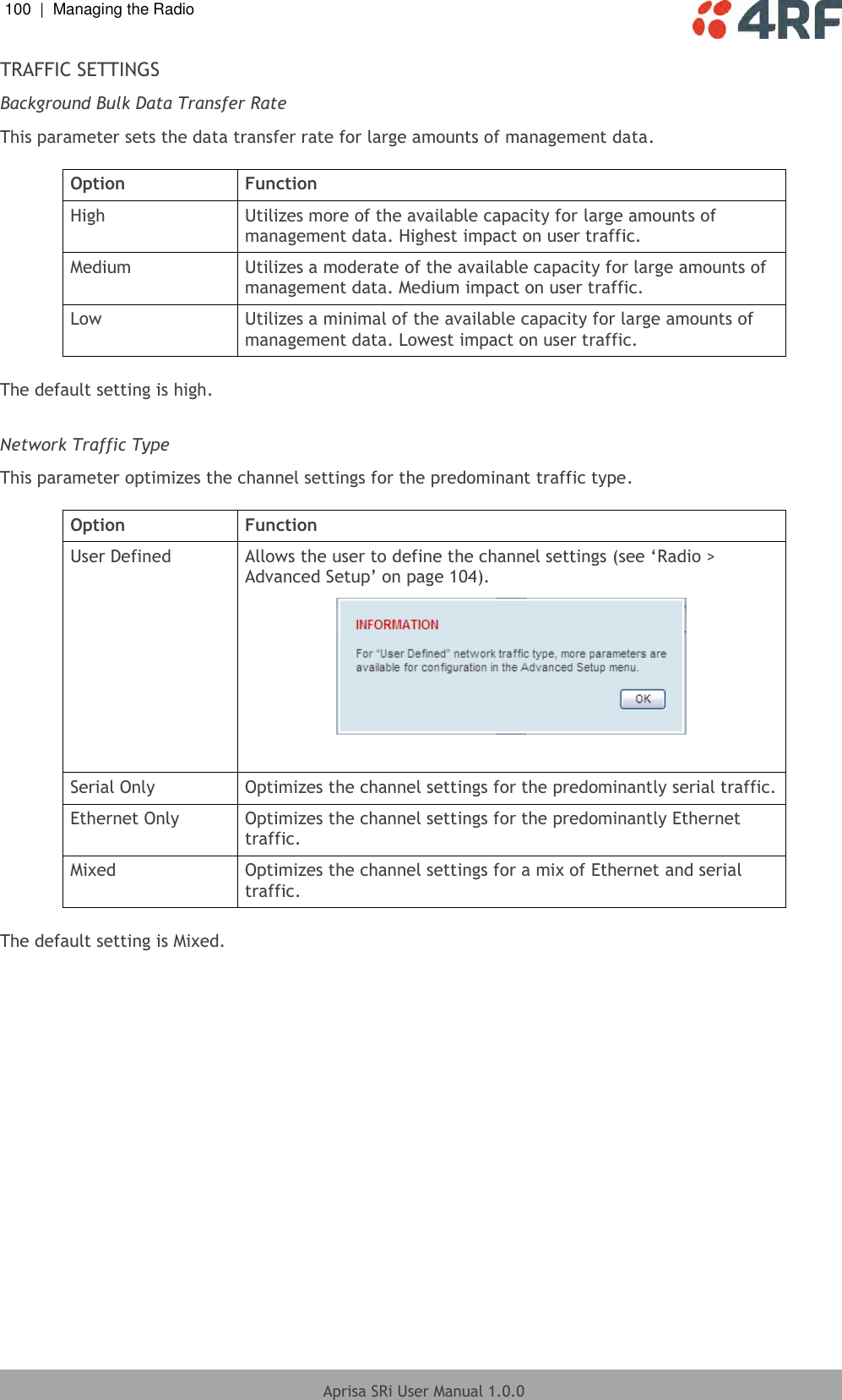 100  |  Managing the Radio   Aprisa SRi User Manual 1.0.0  TRAFFIC SETTINGS Background Bulk Data Transfer Rate This parameter sets the data transfer rate for large amounts of management data.  Option Function High Utilizes more of the available capacity for large amounts of management data. Highest impact on user traffic. Medium Utilizes a moderate of the available capacity for large amounts of management data. Medium impact on user traffic. Low Utilizes a minimal of the available capacity for large amounts of management data. Lowest impact on user traffic.  The default setting is high.  Network Traffic Type This parameter optimizes the channel settings for the predominant traffic type.  Option Function User Defined Allows the user to define the channel settings (see ‘Radio &gt; Advanced Setup’ on page 104).   Serial Only Optimizes the channel settings for the predominantly serial traffic. Ethernet Only Optimizes the channel settings for the predominantly Ethernet traffic. Mixed Optimizes the channel settings for a mix of Ethernet and serial traffic.  The default setting is Mixed.     