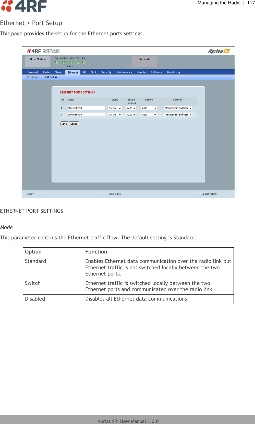  Managing the Radio  |  117  Aprisa SRi User Manual 1.0.0  Ethernet &gt; Port Setup This page provides the setup for the Ethernet ports settings.    ETHERNET PORT SETTINGS  Mode This parameter controls the Ethernet traffic flow. The default setting is Standard.  Option Function Standard Enables Ethernet data communication over the radio link but Ethernet traffic is not switched locally between the two Ethernet ports. Switch Ethernet traffic is switched locally between the two Ethernet ports and communicated over the radio link Disabled Disables all Ethernet data communications.    