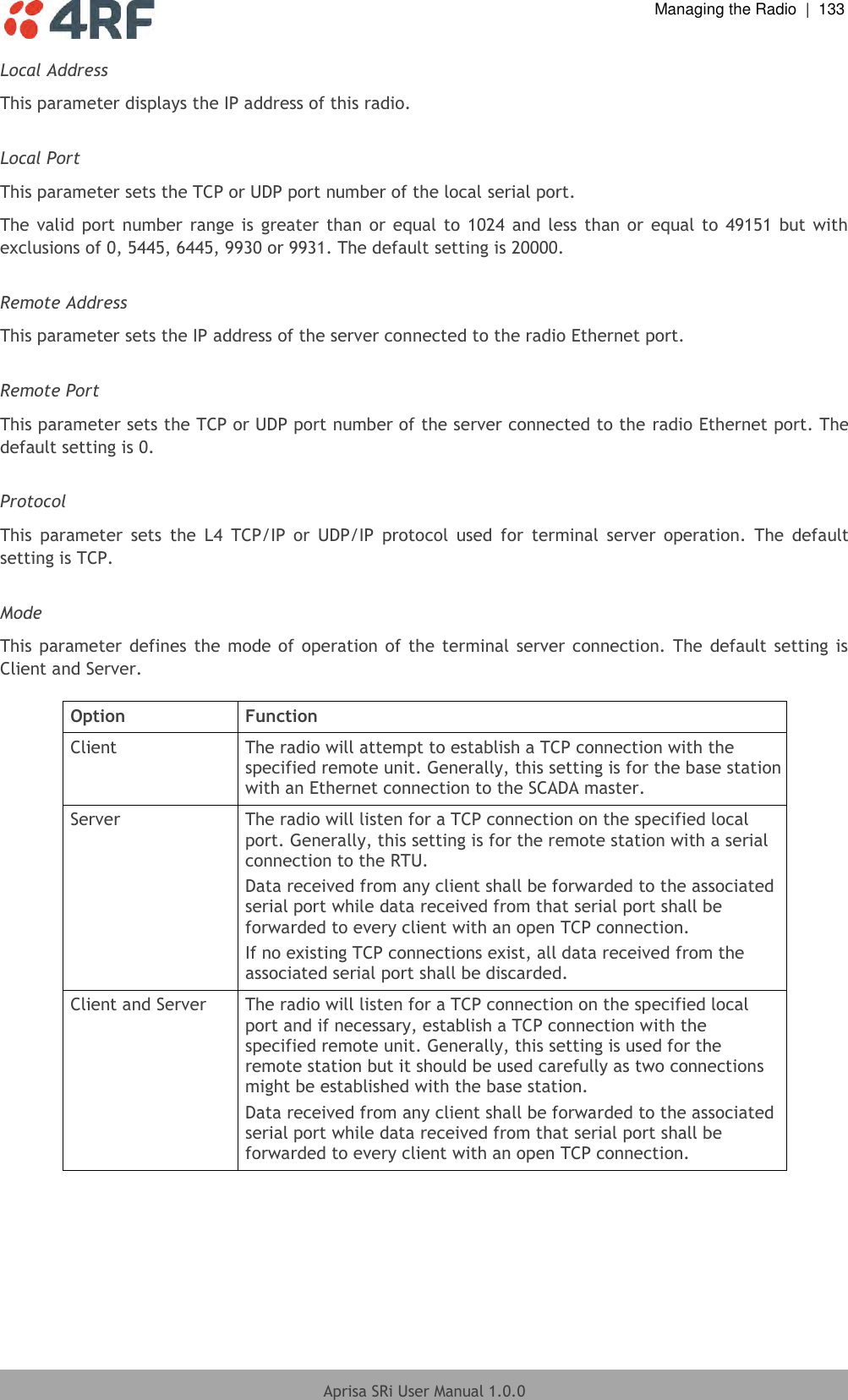  Managing the Radio  |  133  Aprisa SRi User Manual 1.0.0  Local Address This parameter displays the IP address of this radio.  Local Port This parameter sets the TCP or UDP port number of the local serial port. The valid port number range is greater than or equal to 1024  and less than or equal to  49151 but with exclusions of 0, 5445, 6445, 9930 or 9931. The default setting is 20000.  Remote Address This parameter sets the IP address of the server connected to the radio Ethernet port.  Remote Port This parameter sets the TCP or UDP port number of the server connected to the radio Ethernet port. The default setting is 0.  Protocol This  parameter  sets  the  L4  TCP/IP  or  UDP/IP  protocol  used  for  terminal  server  operation.  The  default setting is TCP.  Mode This parameter  defines  the mode of  operation of the terminal server connection.  The  default setting  is Client and Server.  Option Function Client The radio will attempt to establish a TCP connection with the specified remote unit. Generally, this setting is for the base station with an Ethernet connection to the SCADA master. Server The radio will listen for a TCP connection on the specified local port. Generally, this setting is for the remote station with a serial connection to the RTU. Data received from any client shall be forwarded to the associated serial port while data received from that serial port shall be forwarded to every client with an open TCP connection. If no existing TCP connections exist, all data received from the associated serial port shall be discarded. Client and Server The radio will listen for a TCP connection on the specified local port and if necessary, establish a TCP connection with the specified remote unit. Generally, this setting is used for the remote station but it should be used carefully as two connections might be established with the base station. Data received from any client shall be forwarded to the associated serial port while data received from that serial port shall be forwarded to every client with an open TCP connection.    