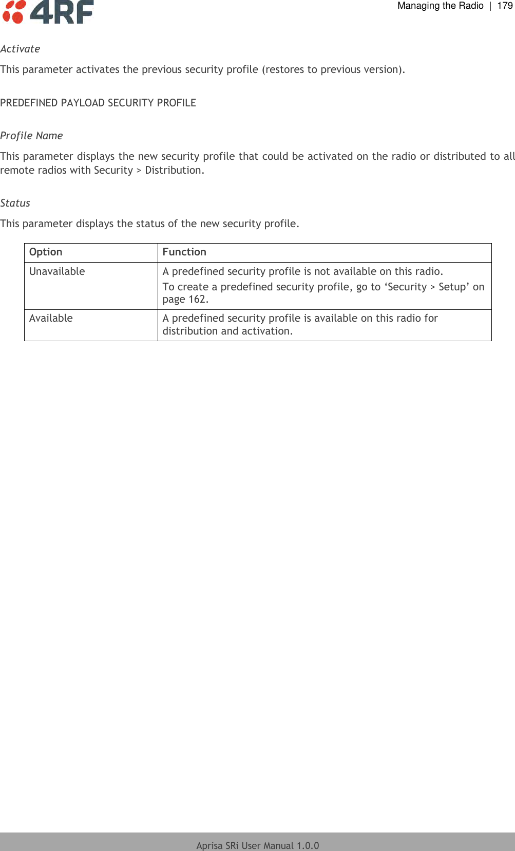  Managing the Radio  |  179  Aprisa SRi User Manual 1.0.0  Activate This parameter activates the previous security profile (restores to previous version).  PREDEFINED PAYLOAD SECURITY PROFILE  Profile Name This parameter displays the new security profile that could be activated on the radio or distributed to all remote radios with Security &gt; Distribution.  Status This parameter displays the status of the new security profile.  Option Function Unavailable A predefined security profile is not available on this radio. To create a predefined security profile, go to ‘Security &gt; Setup’ on page 162. Available A predefined security profile is available on this radio for distribution and activation.  