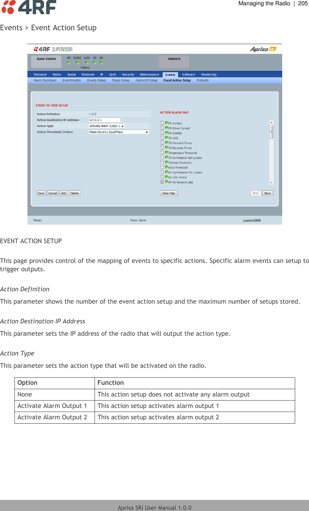  Managing the Radio  |  205  Aprisa SRi User Manual 1.0.0  Events &gt; Event Action Setup    EVENT ACTION SETUP  This page provides control of the mapping of events to specific actions. Specific alarm events can setup to trigger outputs.  Action Definition This parameter shows the number of the event action setup and the maximum number of setups stored.   Action Destination IP Address This parameter sets the IP address of the radio that will output the action type.   Action Type This parameter sets the action type that will be activated on the radio.  Option Function None This action setup does not activate any alarm output Activate Alarm Output 1 This action setup activates alarm output 1 Activate Alarm Output 2 This action setup activates alarm output 2  