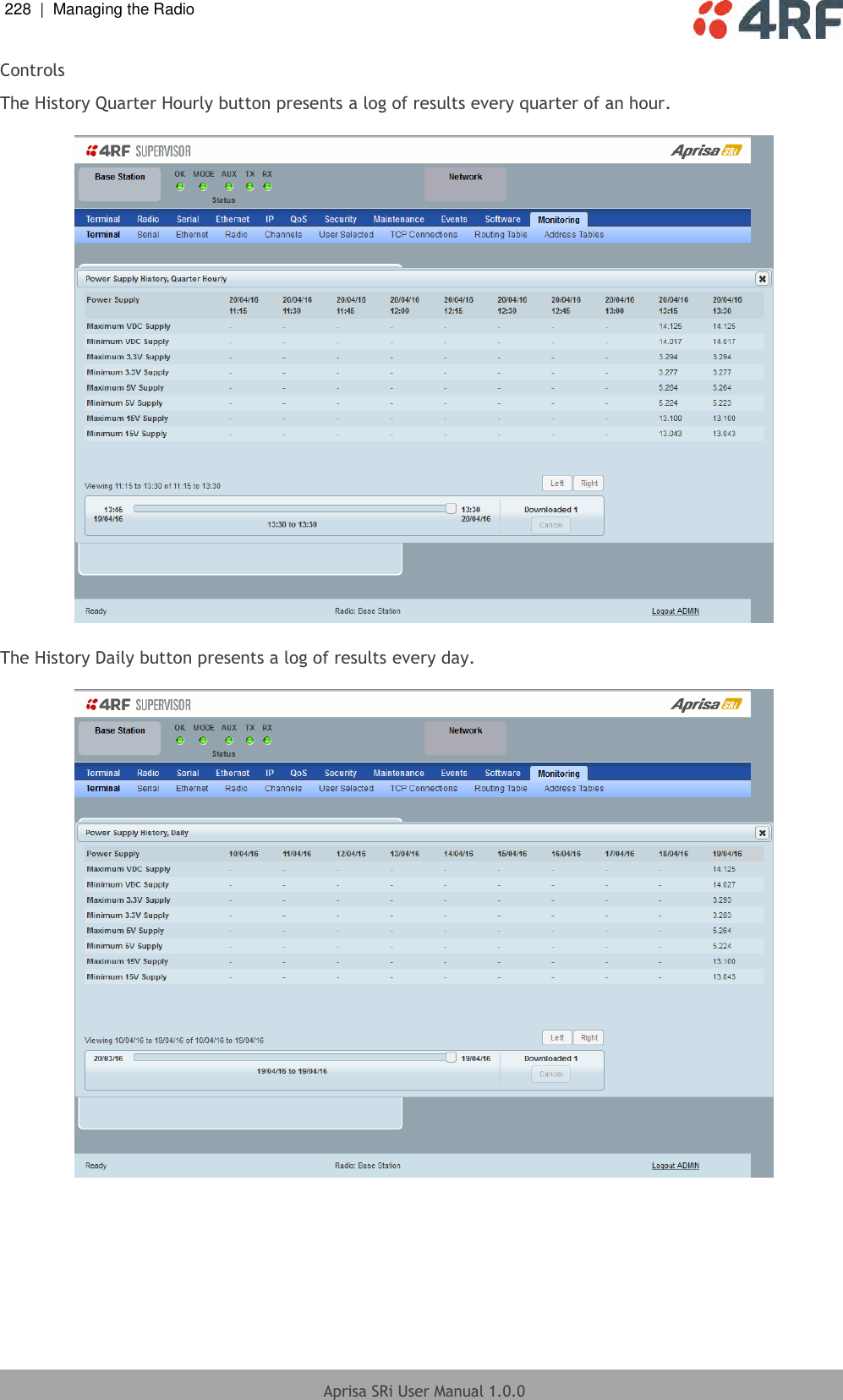 228  |  Managing the Radio   Aprisa SRi User Manual 1.0.0  Controls The History Quarter Hourly button presents a log of results every quarter of an hour.    The History Daily button presents a log of results every day.      