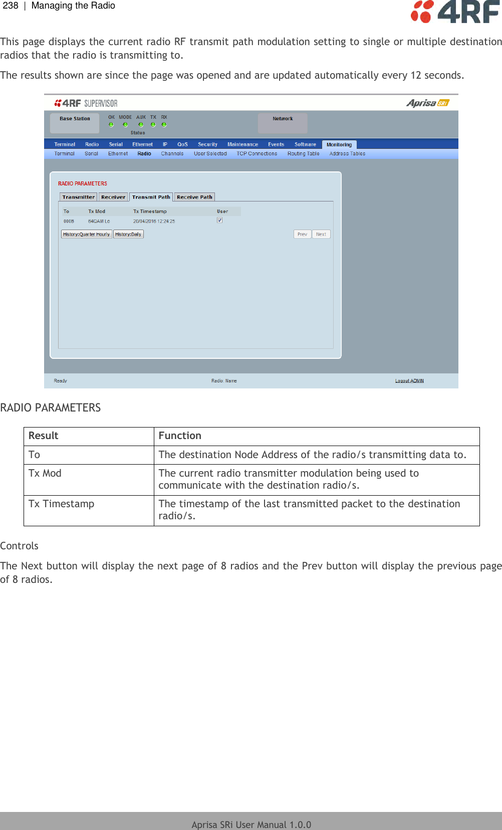 238  |  Managing the Radio   Aprisa SRi User Manual 1.0.0  This page displays the current radio RF transmit path modulation setting to single or multiple destination radios that the radio is transmitting to. The results shown are since the page was opened and are updated automatically every 12 seconds.    RADIO PARAMETERS  Result Function To The destination Node Address of the radio/s transmitting data to. Tx Mod The current radio transmitter modulation being used to communicate with the destination radio/s. Tx Timestamp The timestamp of the last transmitted packet to the destination radio/s.  Controls The Next button will display the next page of 8 radios and the Prev button will display the previous page of 8 radios.    