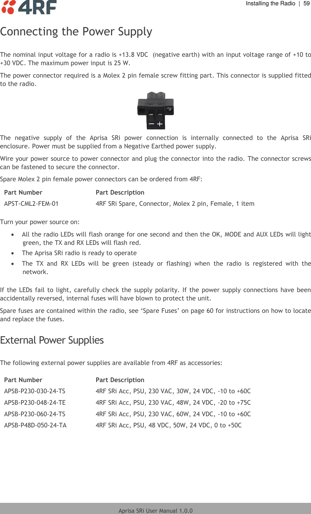  Installing the Radio  |  59  Aprisa SRi User Manual 1.0.0  Connecting the Power Supply  The nominal input voltage for a radio is +13.8 VDC  (negative earth) with an input voltage range of +10 to +30 VDC. The maximum power input is 25 W. The power connector required is a Molex 2 pin female screw fitting part. This connector is supplied fitted to the radio.  The  negative  supply  of  the  Aprisa  SRi  power  connection  is  internally  connected  to  the  Aprisa  SRi enclosure. Power must be supplied from a Negative Earthed power supply. Wire your power source to power connector and plug the connector into the radio. The connector screws can be fastened to secure the connector. Spare Molex 2 pin female power connectors can be ordered from 4RF: Part Number Part Description APST-CML2-FEM-01 4RF SRi Spare, Connector, Molex 2 pin, Female, 1 item  Turn your power source on:  All the radio LEDs will flash orange for one second and then the OK, MODE and AUX LEDs will light green, the TX and RX LEDs will flash red.  The Aprisa SRi radio is ready to operate  The  TX  and  RX  LEDs  will  be  green  (steady  or  flashing)  when  the  radio  is  registered  with  the network.  If the  LEDs fail to light,  carefully  check the supply polarity. If  the  power  supply connections  have  been accidentally reversed, internal fuses will have blown to protect the unit. Spare fuses are contained within the radio, see ‘Spare Fuses’ on page 60 for instructions on how to locate and replace the fuses.  External Power Supplies  The following external power supplies are available from 4RF as accessories:  Part Number Part Description APSB-P230-030-24-TS 4RF SRi Acc, PSU, 230 VAC, 30W, 24 VDC, -10 to +60C APSB-P230-048-24-TE 4RF SRi Acc, PSU, 230 VAC, 48W, 24 VDC, -20 to +75C APSB-P230-060-24-TS 4RF SRi Acc, PSU, 230 VAC, 60W, 24 VDC, -10 to +60C APSB-P48D-050-24-TA 4RF SRi Acc, PSU, 48 VDC, 50W, 24 VDC, 0 to +50C  