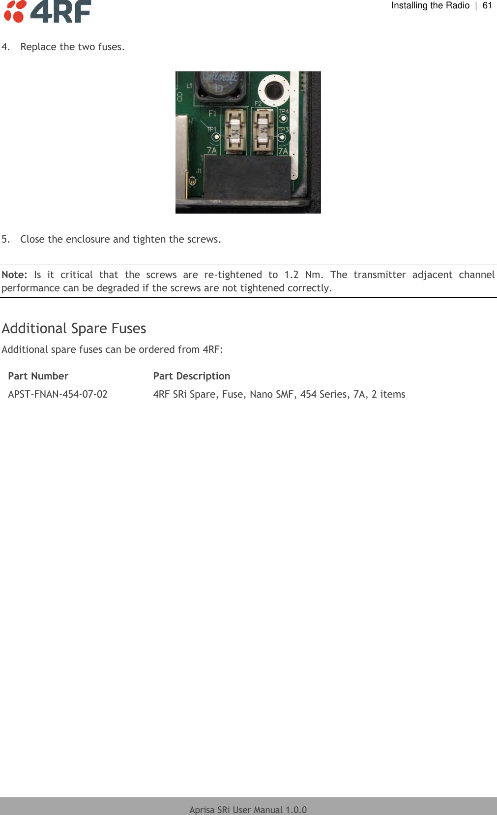  Installing the Radio  |  61  Aprisa SRi User Manual 1.0.0  4.  Replace the two fuses.    5.  Close the enclosure and tighten the screws.  Note:  Is  it  critical  that  the  screws  are  re-tightened  to  1.2  Nm.  The  transmitter  adjacent  channel performance can be degraded if the screws are not tightened correctly.  Additional Spare Fuses Additional spare fuses can be ordered from 4RF:  Part Number Part Description APST-FNAN-454-07-02 4RF SRi Spare, Fuse, Nano SMF, 454 Series, 7A, 2 items  