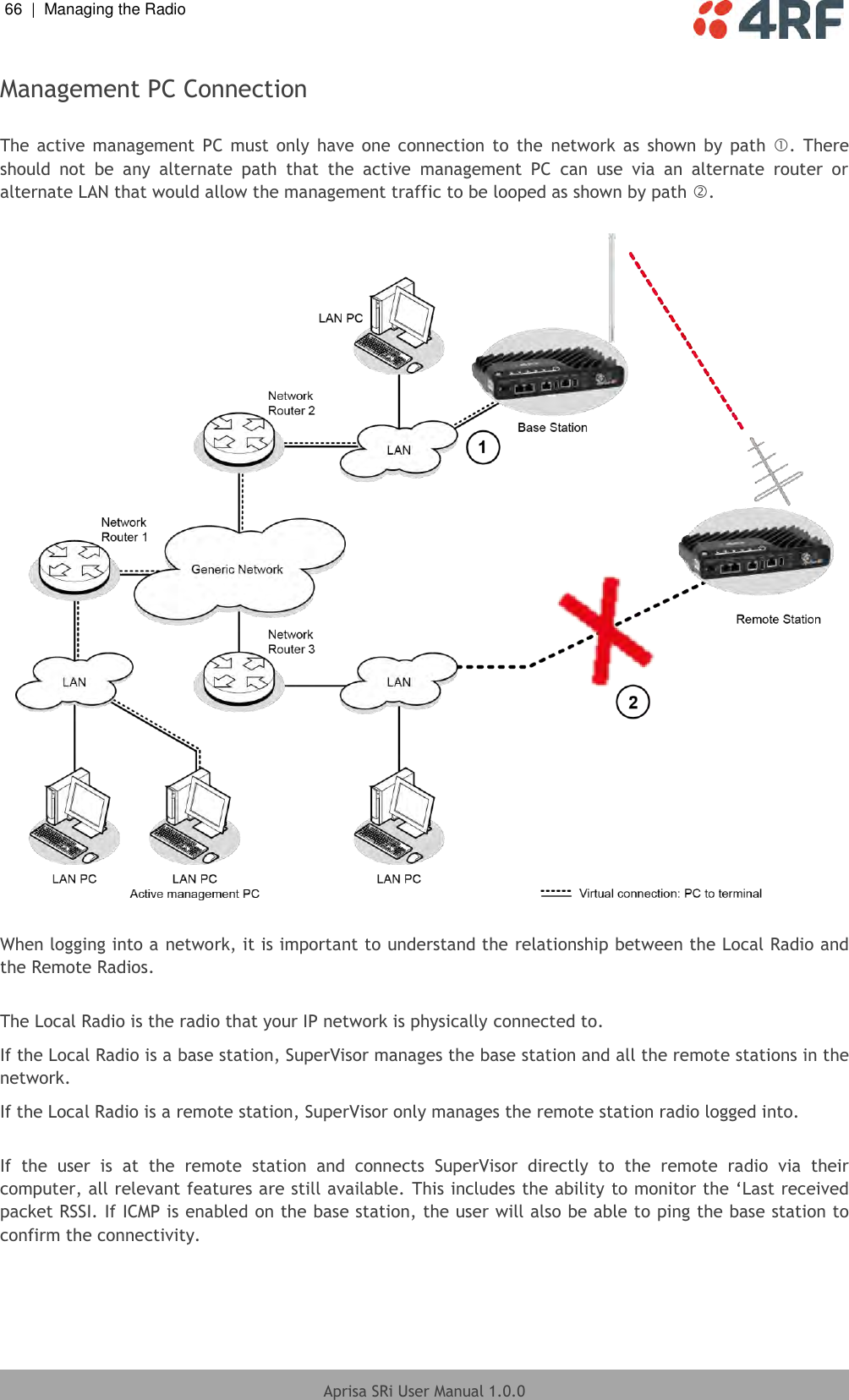 66  |  Managing the Radio   Aprisa SRi User Manual 1.0.0  Management PC Connection  The  active  management  PC must  only  have one  connection  to  the  network  as  shown  by  path  .  There should  not  be  any  alternate  path  that  the  active  management  PC  can  use  via  an  alternate  router  or alternate LAN that would allow the management traffic to be looped as shown by path .    When logging into a network, it is important to understand the relationship between the Local Radio and the Remote Radios.  The Local Radio is the radio that your IP network is physically connected to. If the Local Radio is a base station, SuperVisor manages the base station and all the remote stations in the network. If the Local Radio is a remote station, SuperVisor only manages the remote station radio logged into.  If  the  user  is  at  the  remote  station  and  connects  SuperVisor  directly  to  the  remote  radio  via  their computer, all relevant features are still available. This includes the ability to monitor the ‘Last received packet RSSI. If ICMP is enabled on the base station, the user will also be able to ping the base station to confirm the connectivity.  