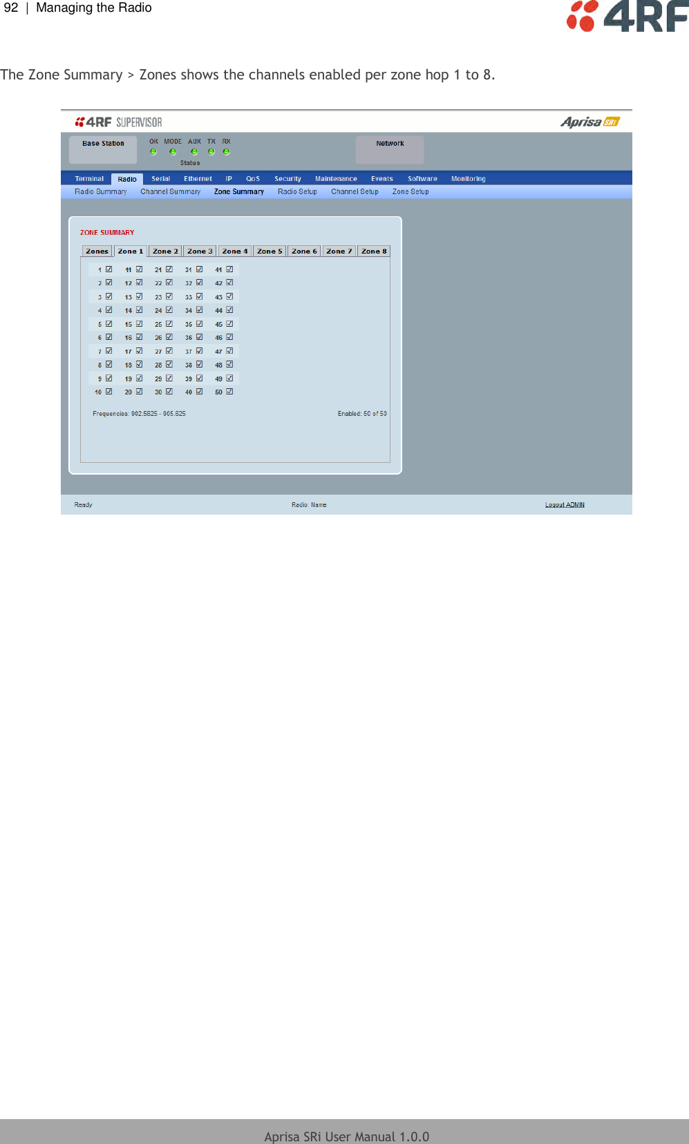 92  |  Managing the Radio   Aprisa SRi User Manual 1.0.0   The Zone Summary &gt; Zones shows the channels enabled per zone hop 1 to 8.     