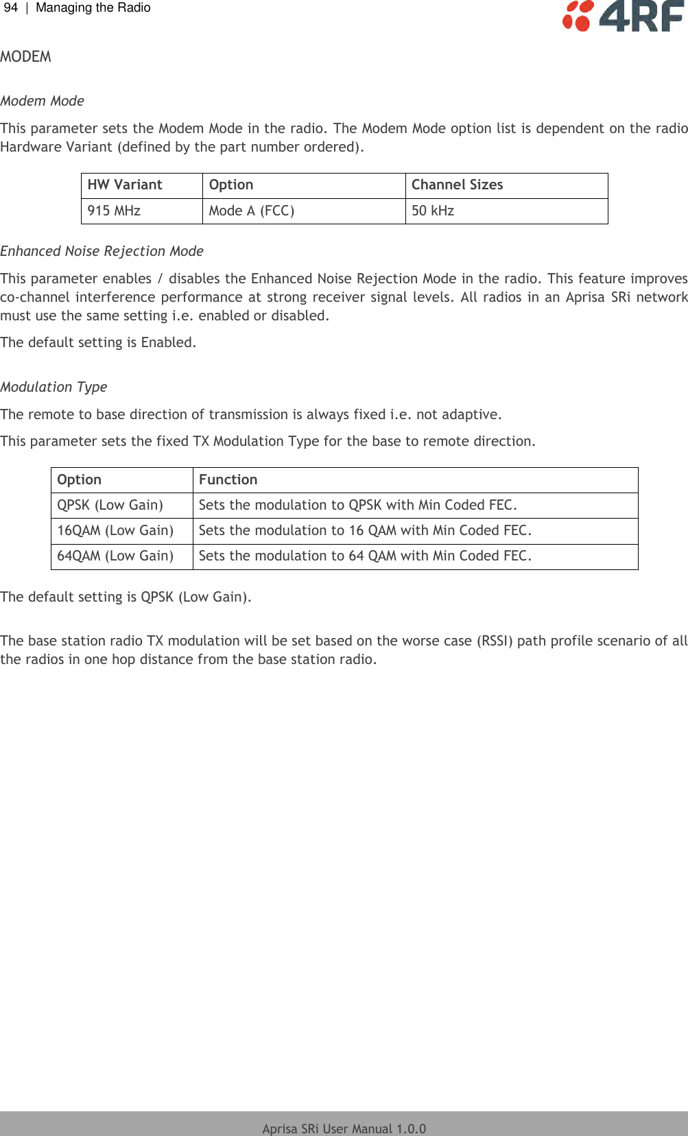 94  |  Managing the Radio   Aprisa SRi User Manual 1.0.0  MODEM  Modem Mode This parameter sets the Modem Mode in the radio. The Modem Mode option list is dependent on the radio Hardware Variant (defined by the part number ordered).  HW Variant Option Channel Sizes 915 MHz Mode A (FCC) 50 kHz  Enhanced Noise Rejection Mode This parameter enables / disables the Enhanced Noise Rejection Mode in the radio. This feature improves co-channel interference performance at strong receiver signal levels. All radios in an Aprisa  SRi network must use the same setting i.e. enabled or disabled. The default setting is Enabled.  Modulation Type The remote to base direction of transmission is always fixed i.e. not adaptive. This parameter sets the fixed TX Modulation Type for the base to remote direction.   Option Function QPSK (Low Gain) Sets the modulation to QPSK with Min Coded FEC. 16QAM (Low Gain) Sets the modulation to 16 QAM with Min Coded FEC. 64QAM (Low Gain) Sets the modulation to 64 QAM with Min Coded FEC.  The default setting is QPSK (Low Gain).  The base station radio TX modulation will be set based on the worse case (RSSI) path profile scenario of all the radios in one hop distance from the base station radio.    