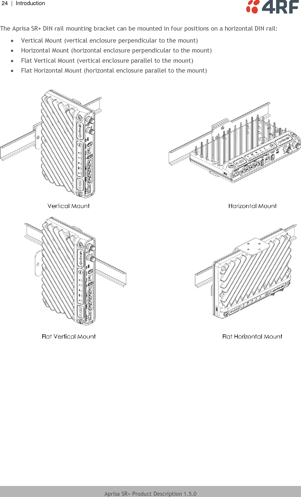 24  |  Introduction   Aprisa SR+ Product Description 1.5.0  The Aprisa SR+ DIN rail mounting bracket can be mounted in four positions on a horizontal DIN rail:  Vertical Mount (vertical enclosure perpendicular to the mount)  Horizontal Mount (horizontal enclosure perpendicular to the mount)  Flat Vertical Mount (vertical enclosure parallel to the mount)  Flat Horizontal Mount (horizontal enclosure parallel to the mount)    