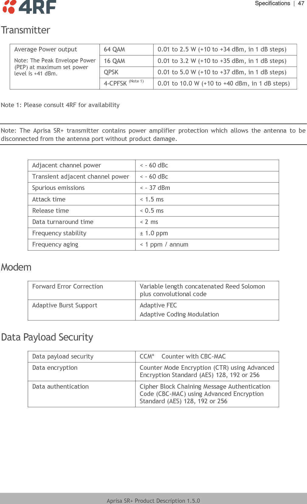  Specifications  |  47  Aprisa SR+ Product Description 1.5.0  Transmitter  Average Power output 64 QAM 0.01 to 2.5 W (+10 to +34 dBm, in 1 dB steps) Note: The Peak Envelope Power (PEP) at maximum set power level is +41 dBm. 16 QAM 0.01 to 3.2 W (+10 to +35 dBm, in 1 dB steps) QPSK 0.01 to 5.0 W (+10 to +37 dBm, in 1 dB steps) 4-CPFSK (Note 1) 0.01 to 10.0 W (+10 to +40 dBm, in 1 dB steps)  Note 1: Please consult 4RF for availability  Note:  The  Aprisa  SR+  transmitter  contains  power  amplifier  protection  which  allows  the  antenna  to  be disconnected from the antenna port without product damage.   Adjacent channel power &lt; - 60 dBc Transient adjacent channel power &lt; - 60 dBc Spurious emissions &lt; - 37 dBm Attack time &lt; 1.5 ms Release time &lt; 0.5 ms Data turnaround time &lt; 2 ms Frequency stability ± 1.0 ppm Frequency aging &lt; 1 ppm / annum  Modem  Forward Error Correction Variable length concatenated Reed Solomon plus convolutional code Adaptive Burst Support Adaptive FEC Adaptive Coding Modulation  Data Payload Security  Data payload security CCM*  Counter with CBC-MAC Data encryption Counter Mode Encryption (CTR) using Advanced Encryption Standard (AES) 128, 192 or 256 Data authentication Cipher Block Chaining Message Authentication Code (CBC-MAC) using Advanced Encryption Standard (AES) 128, 192 or 256  