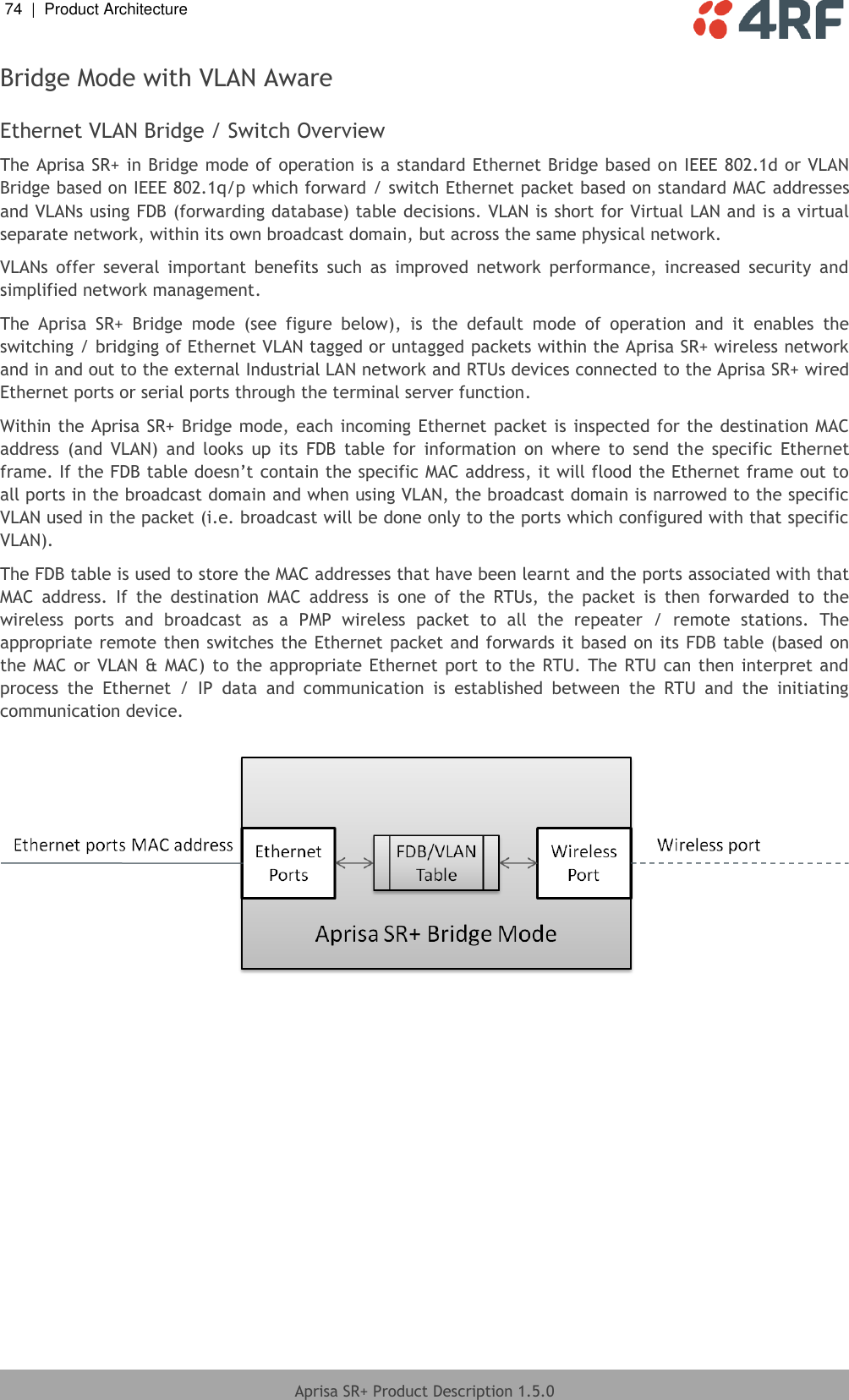 74  |  Product Architecture   Aprisa SR+ Product Description 1.5.0  Bridge Mode with VLAN Aware  Ethernet VLAN Bridge / Switch Overview The Aprisa SR+ in Bridge mode of operation is a standard Ethernet Bridge based on IEEE 802.1d or VLAN Bridge based on IEEE 802.1q/p which forward / switch Ethernet packet based on standard MAC addresses and VLANs using FDB (forwarding database) table decisions. VLAN is short for Virtual LAN and is a virtual separate network, within its own broadcast domain, but across the same physical network. VLANs  offer  several  important  benefits  such  as  improved  network  performance,  increased  security  and simplified network management. The  Aprisa  SR+  Bridge  mode  (see  figure  below),  is  the  default  mode  of  operation  and  it  enables  the switching / bridging of Ethernet VLAN tagged or untagged packets within the Aprisa SR+ wireless network and in and out to the external Industrial LAN network and RTUs devices connected to the Aprisa SR+ wired Ethernet ports or serial ports through the terminal server function. Within the Aprisa SR+ Bridge mode, each incoming Ethernet packet is inspected for the destination MAC address  (and  VLAN)  and  looks  up  its  FDB  table  for  information  on  where  to  send  the  specific  Ethernet frame. If the FDB table doesn’t contain the specific MAC address, it will flood the Ethernet frame out to all ports in the broadcast domain and when using VLAN, the broadcast domain is narrowed to the specific VLAN used in the packet (i.e. broadcast will be done only to the ports which configured with that specific VLAN). The FDB table is used to store the MAC addresses that have been learnt and the ports associated with that MAC  address.  If  the  destination  MAC  address  is  one  of  the  RTUs,  the  packet  is  then  forwarded  to  the wireless  ports  and  broadcast  as  a  PMP  wireless  packet  to  all  the  repeater  /  remote  stations.  The appropriate remote then switches the Ethernet packet and forwards it based on its FDB table (based on the MAC or VLAN &amp; MAC) to the appropriate Ethernet port to the RTU. The RTU can then interpret and process  the  Ethernet  /  IP  data  and  communication  is  established  between  the  RTU  and  the  initiating communication device.    