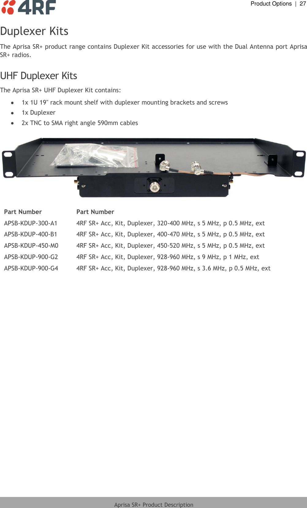  Product Options  |  27  Aprisa SR+ Product Description  Duplexer Kits The Aprisa SR+ product range contains Duplexer Kit accessories for use with the Dual Antenna port Aprisa SR+ radios.  UHF Duplexer Kits The Aprisa SR+ UHF Duplexer Kit contains:  1x 1U 19&quot; rack mount shelf with duplexer mounting brackets and screws  1x Duplexer  2x TNC to SMA right angle 590mm cables    Part Number Part Number APSB-KDUP-300-A1 4RF SR+ Acc, Kit, Duplexer, 320-400 MHz, s 5 MHz, p 0.5 MHz, ext APSB-KDUP-400-B1 4RF SR+ Acc, Kit, Duplexer, 400-470 MHz, s 5 MHz, p 0.5 MHz, ext APSB-KDUP-450-M0 4RF SR+ Acc, Kit, Duplexer, 450-520 MHz, s 5 MHz, p 0.5 MHz, ext APSB-KDUP-900-G2 4RF SR+ Acc, Kit, Duplexer, 928-960 MHz, s 9 MHz, p 1 MHz, ext APSB-KDUP-900-G4 4RF SR+ Acc, Kit, Duplexer, 928-960 MHz, s 3.6 MHz, p 0.5 MHz, ext  