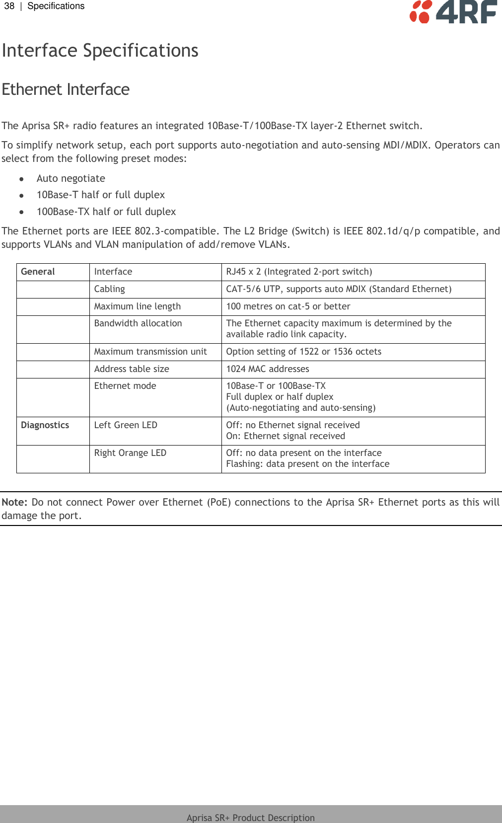 38  |  Specifications   Aprisa SR+ Product Description  Interface Specifications  Ethernet Interface  The Aprisa SR+ radio features an integrated 10Base-T/100Base-TX layer-2 Ethernet switch. To simplify network setup, each port supports auto-negotiation and auto-sensing MDI/MDIX. Operators can select from the following preset modes:  Auto negotiate  10Base-T half or full duplex  100Base-TX half or full duplex The Ethernet ports are IEEE 802.3-compatible. The L2 Bridge (Switch) is IEEE 802.1d/q/p compatible, and supports VLANs and VLAN manipulation of add/remove VLANs.  General Interface RJ45 x 2 (Integrated 2-port switch)  Cabling CAT-5/6 UTP, supports auto MDIX (Standard Ethernet)  Maximum line length 100 metres on cat-5 or better  Bandwidth allocation The Ethernet capacity maximum is determined by the available radio link capacity.  Maximum transmission unit Option setting of 1522 or 1536 octets  Address table size 1024 MAC addresses  Ethernet mode 10Base-T or 100Base-TX  Full duplex or half duplex  (Auto-negotiating and auto-sensing) Diagnostics Left Green LED Off: no Ethernet signal received On: Ethernet signal received  Right Orange LED Off: no data present on the interface Flashing: data present on the interface  Note: Do not connect Power over Ethernet (PoE) connections to the Aprisa SR+ Ethernet ports as this will damage the port.  